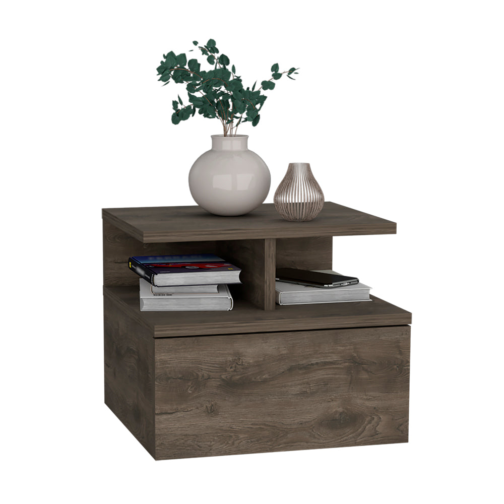 Modern grey wood bedside table with drawer and open shelves