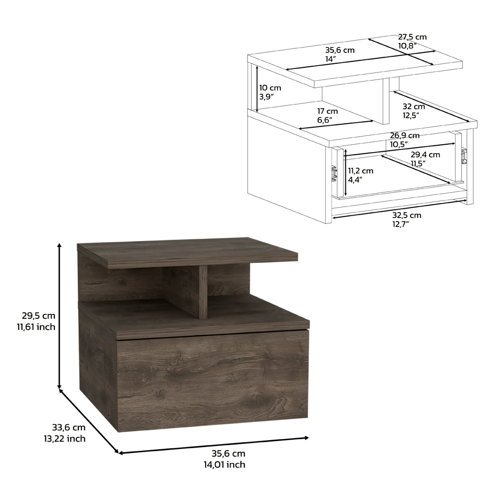 Modern dark wood bedside table with drawer and open shelf
