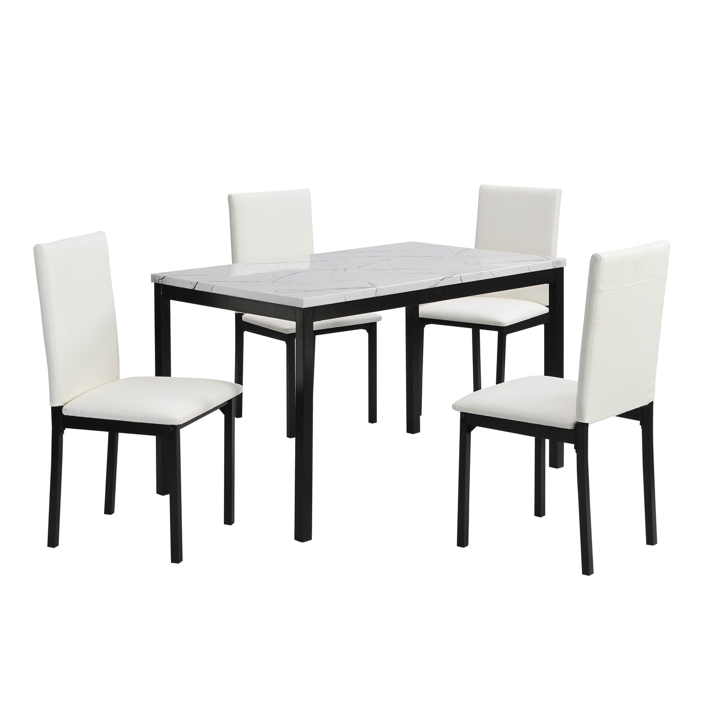 White faux leather dining chairs with black metal legs around a marblelook table