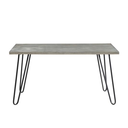 Grey weathered wood dining table with black hairpin legs for a modern industrial look