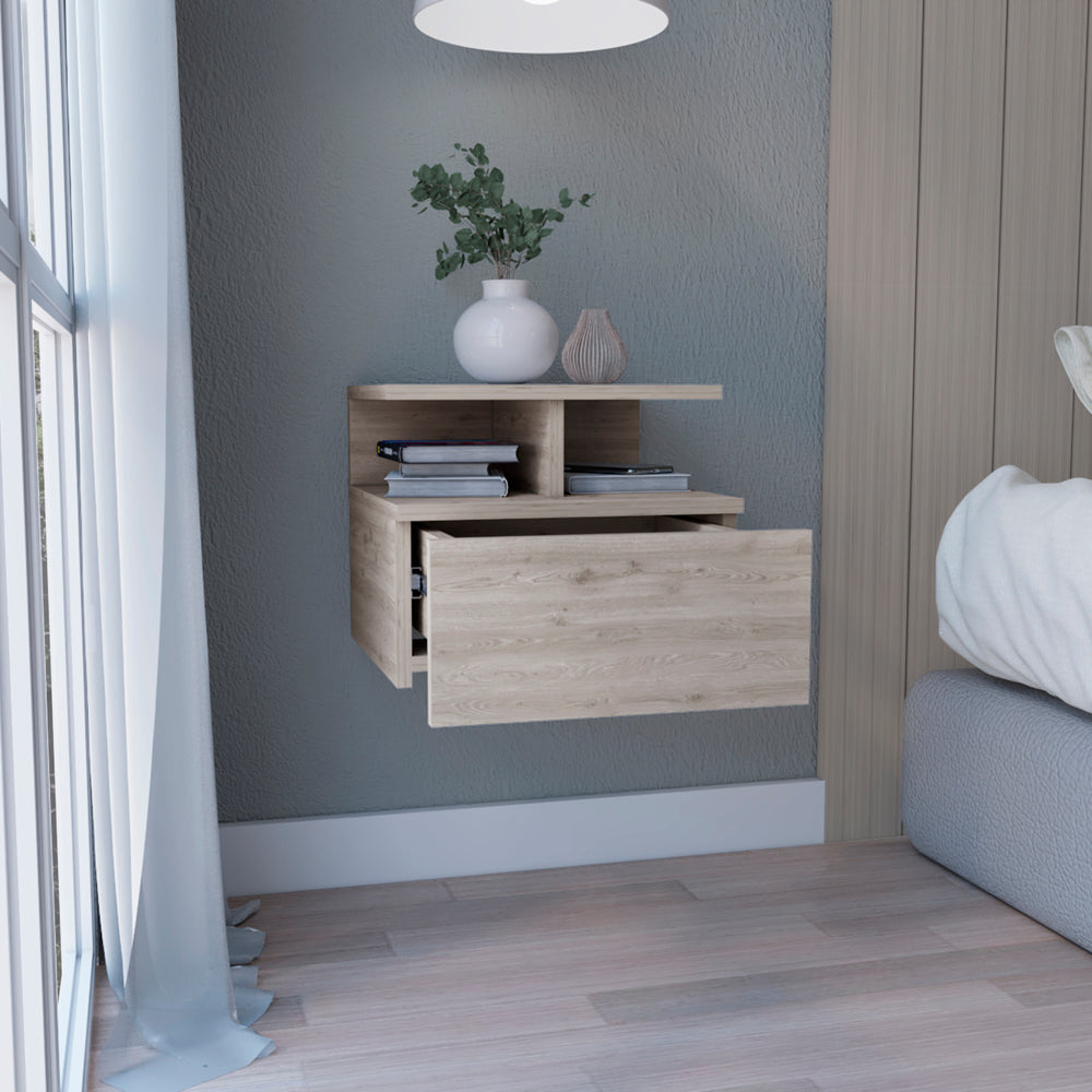 Light oak floating nightstand with open drawer and shelf