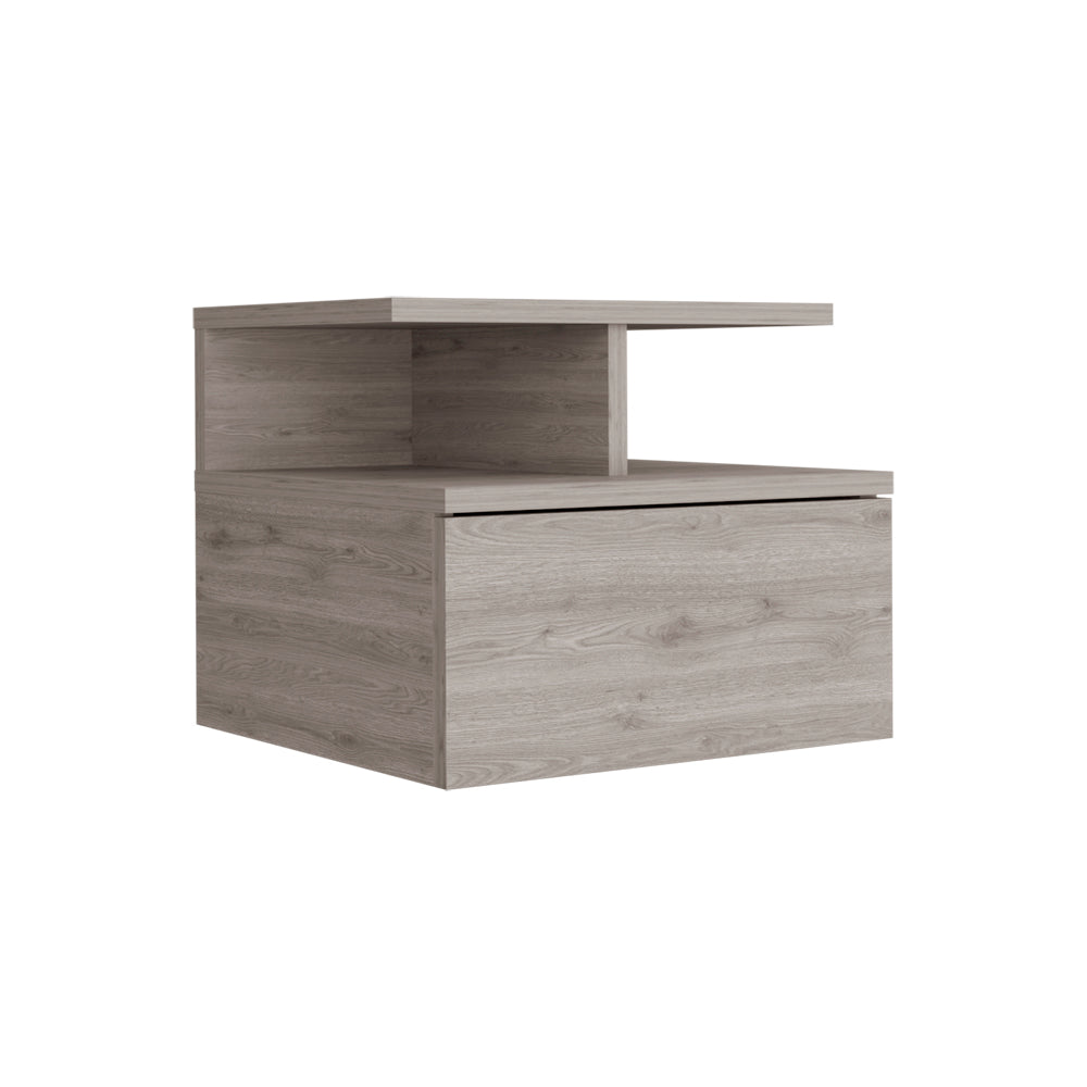 Modern gray wood bedside table with one drawer and open shelf