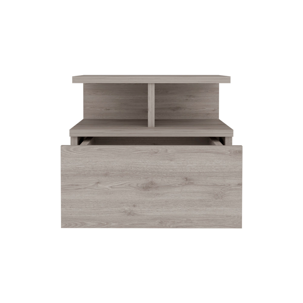 Gray wood bedside table with open drawer and two shelves