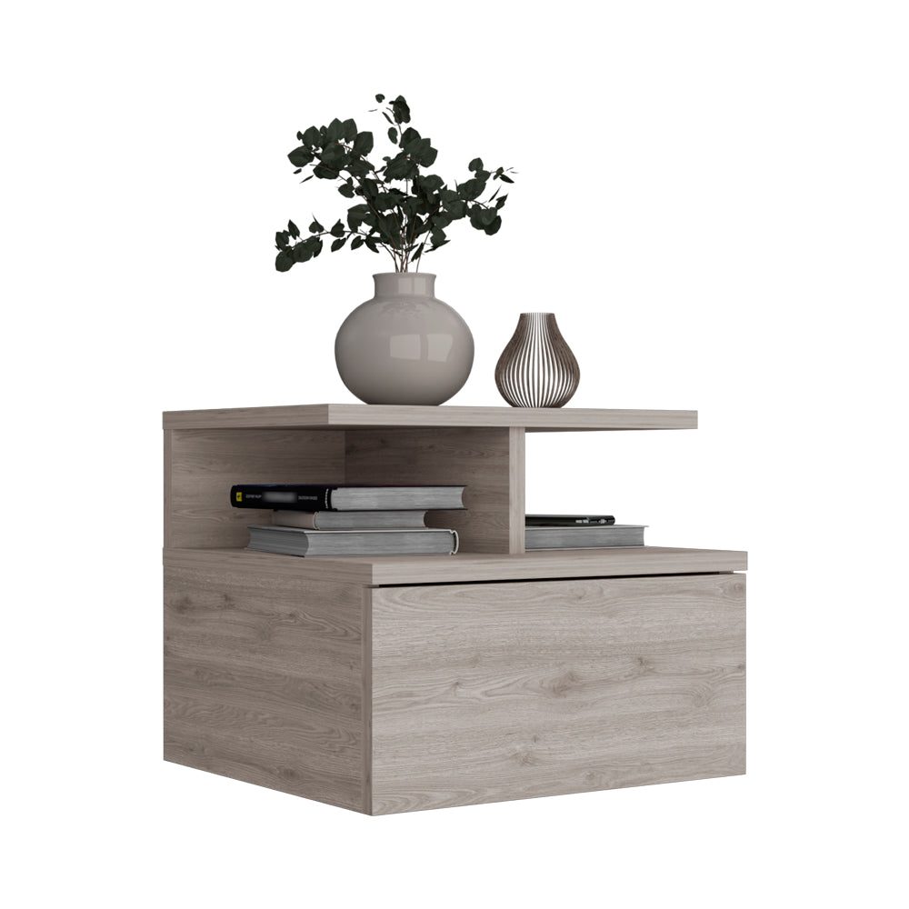 Modern light oak bedside table with open shelf and drawer