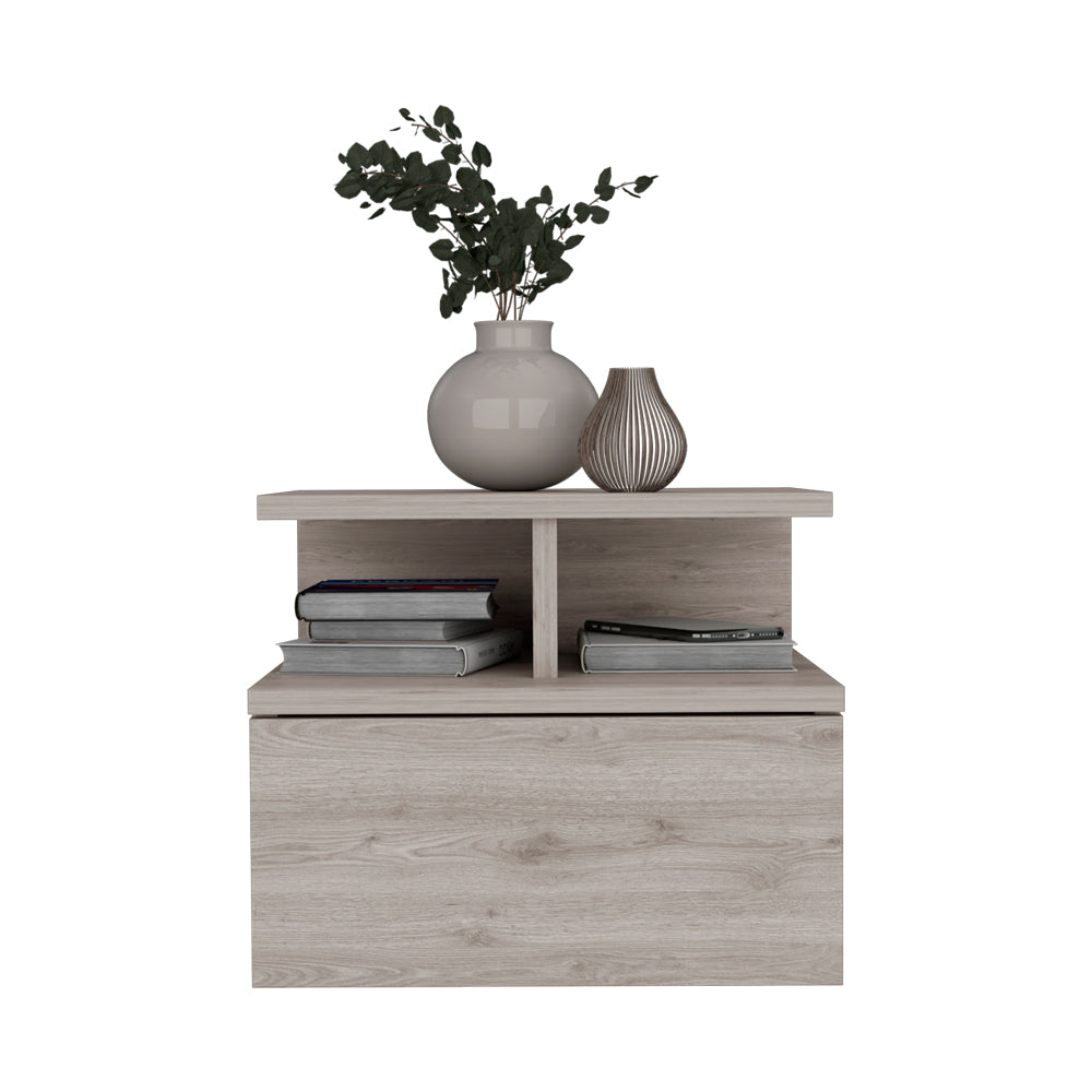 Modern grey wood bedside table with drawer and open shelves