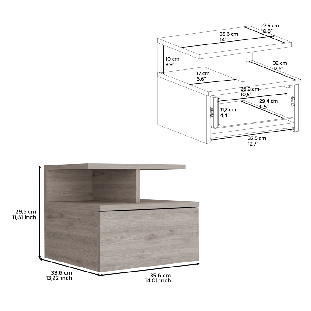 Modern gray wood bedside table with one drawer and open shelf
