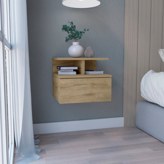 Floating nightstand with natural wood finish and drawer