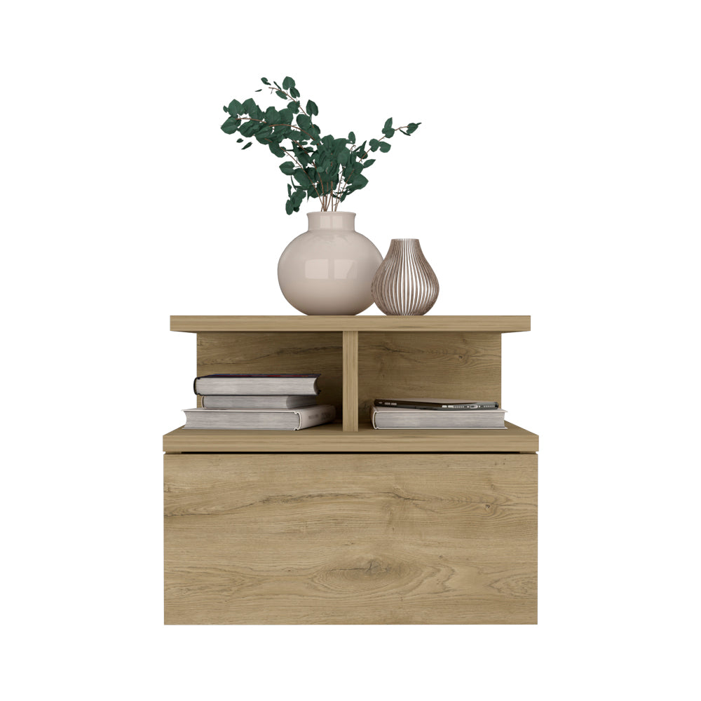 Modern oak veneer nightstand with two open shelves and one drawer