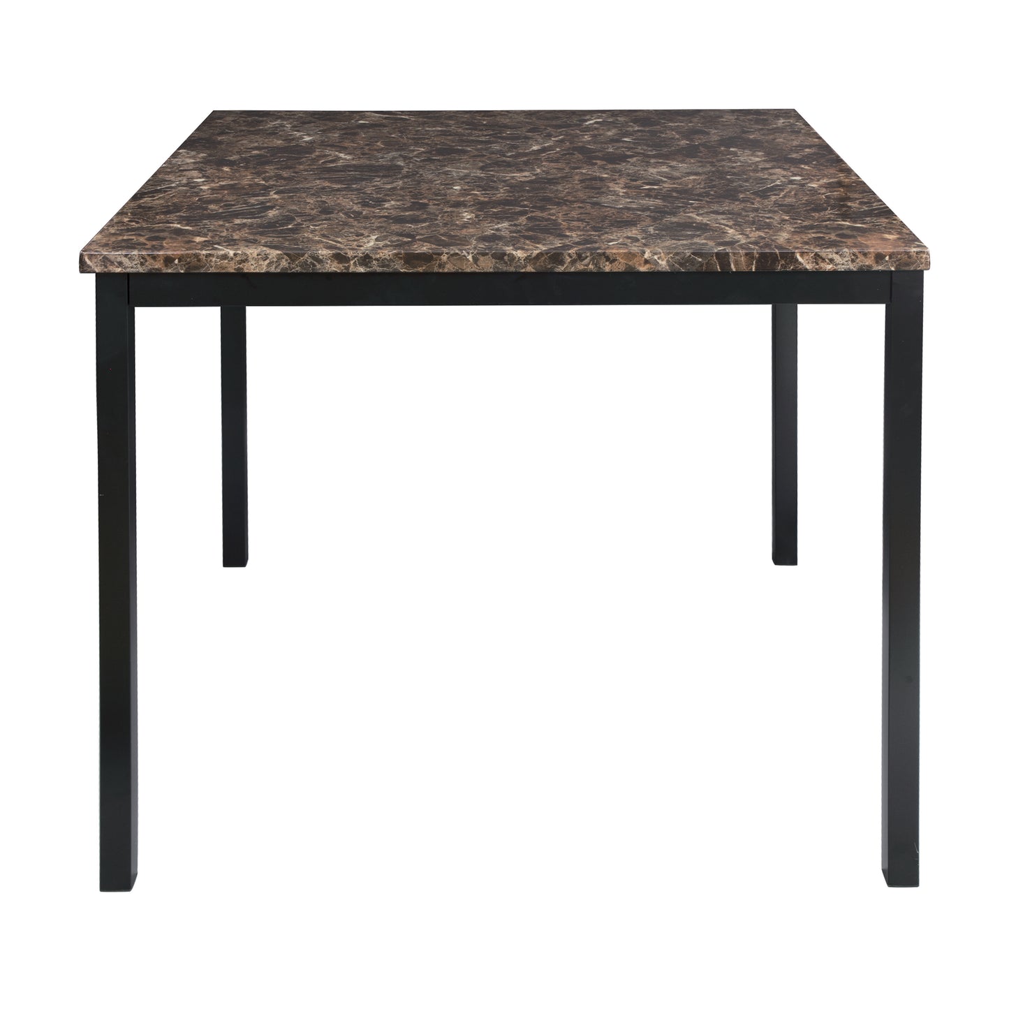 Rectangular dining table with faux marble top and black metal legs