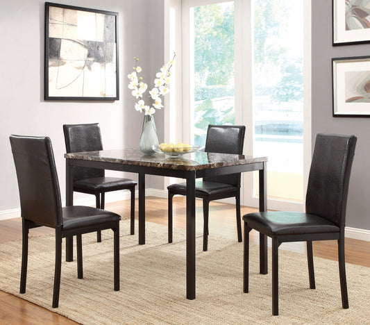 Dark brown faux leather dining chairs around a marbletop kitchen table set