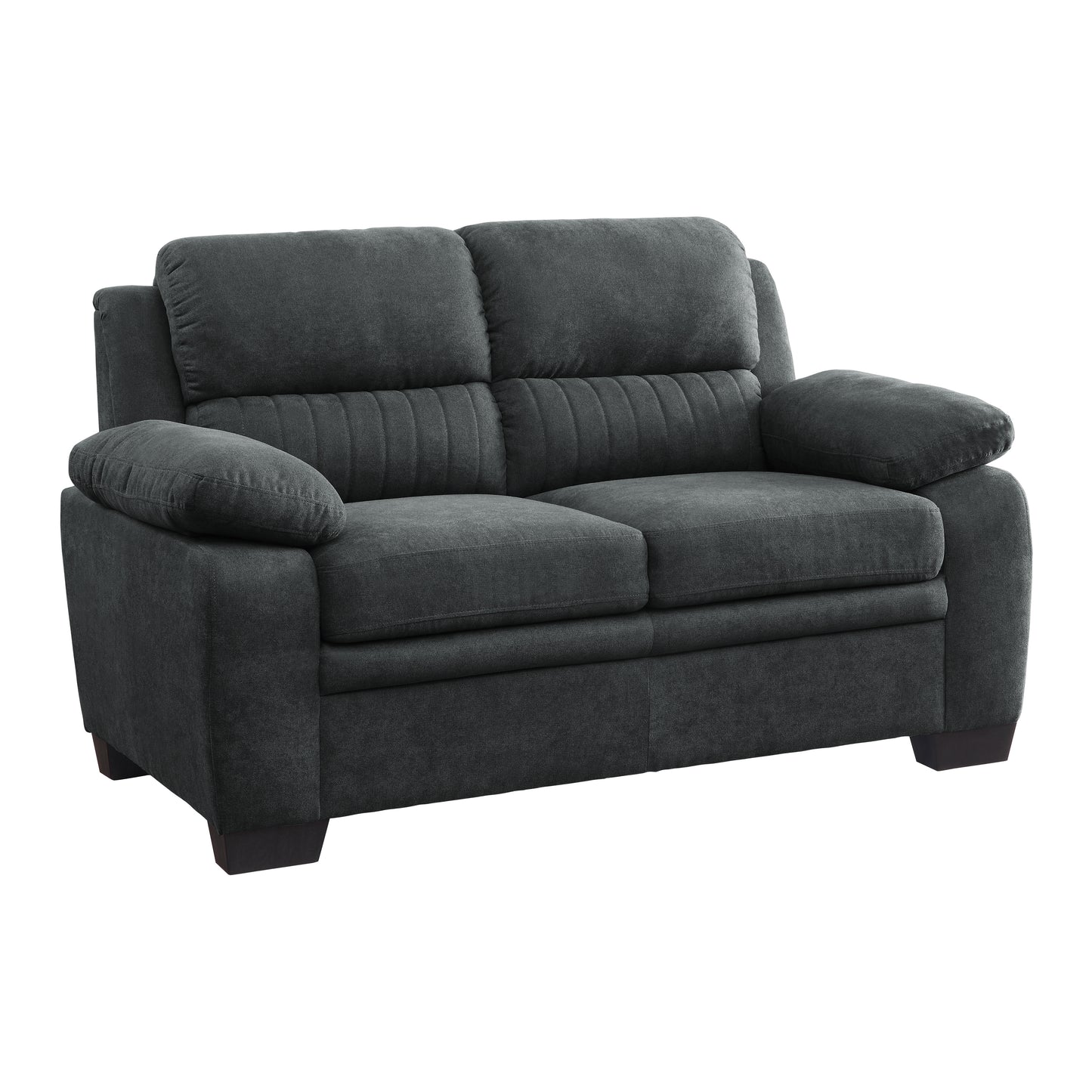 Dark charcoal fabric loveseat with tufted back cushions and plush armrests