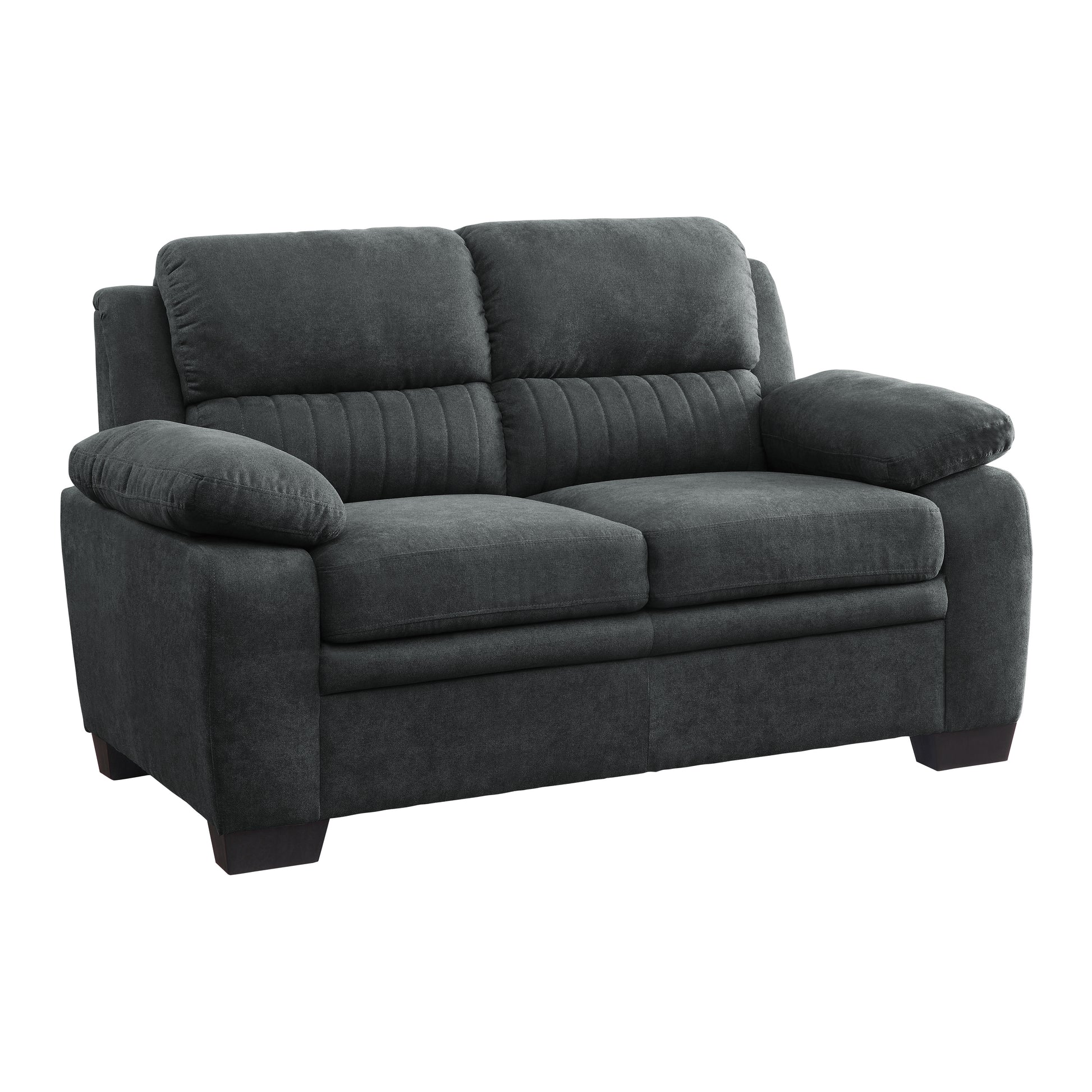 Dark charcoal fabric loveseat with tufted back cushions and plush armrests