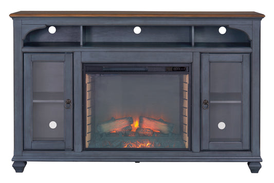 Distressed navy blue media console with electric fireplace and glasspaned cabinet doors