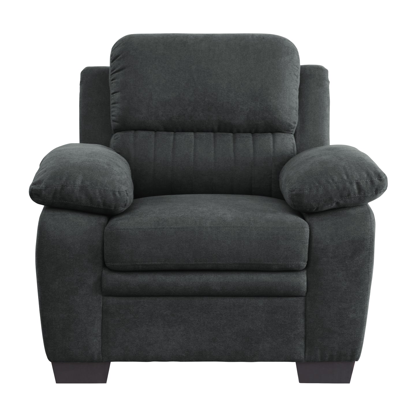 Plush charcoal grey fabric recliner armchair with padded arms and a channelstitched back for comfort