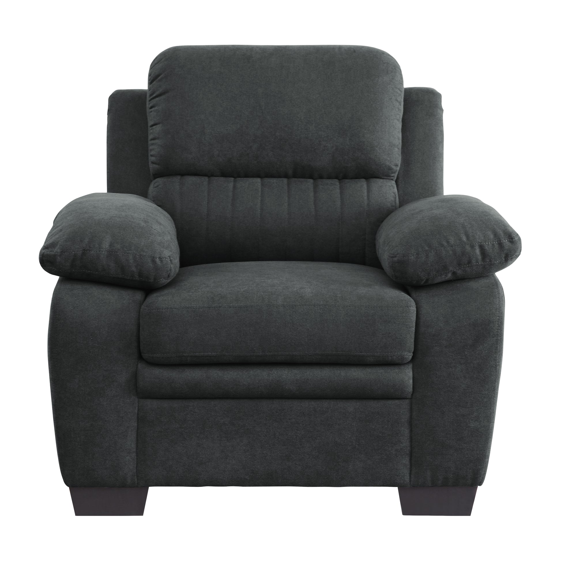 Plush charcoal grey fabric recliner armchair with padded arms and a channelstitched back for comfort