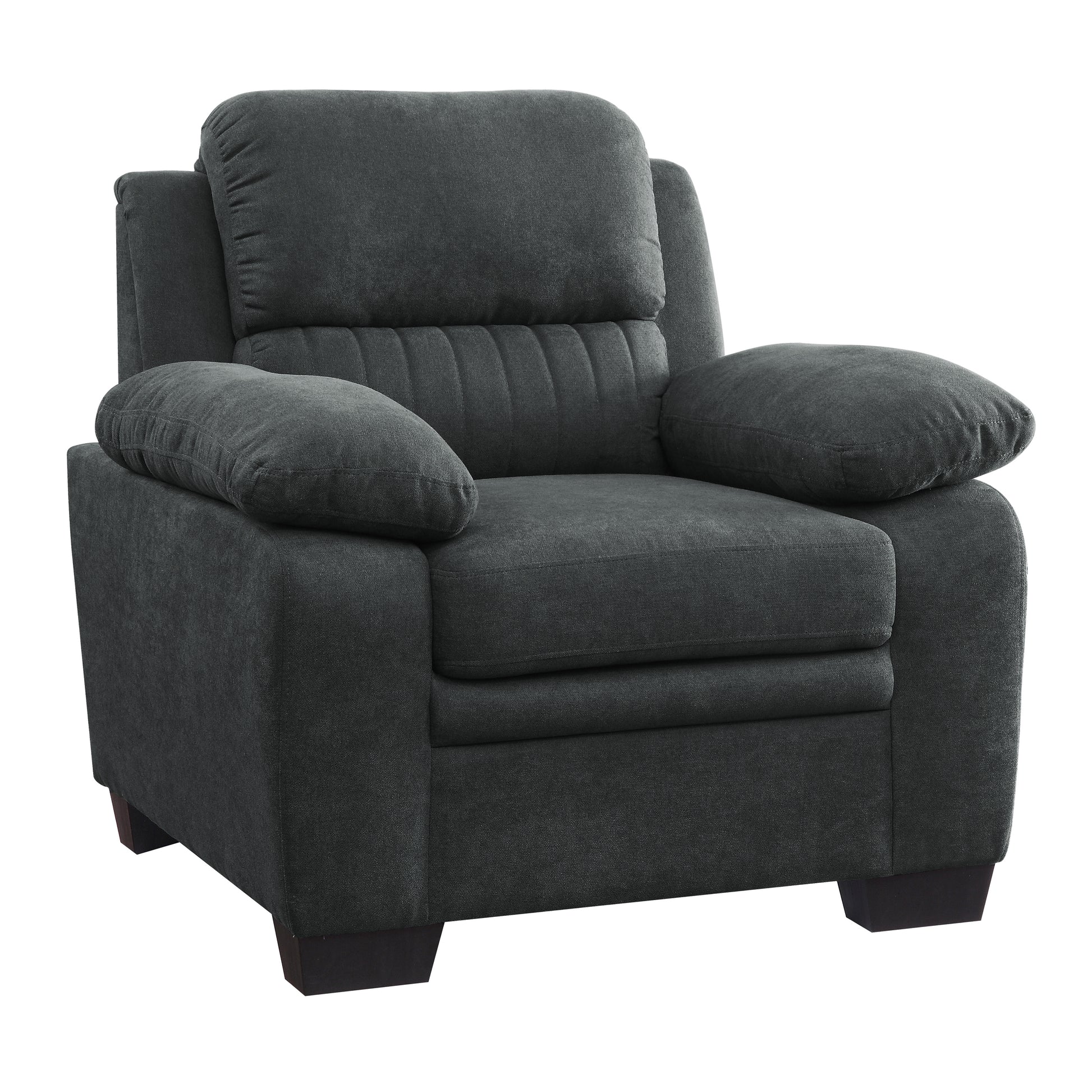 Plush charcoal gray fabric armchair with overstuffed cushions and a channeled back