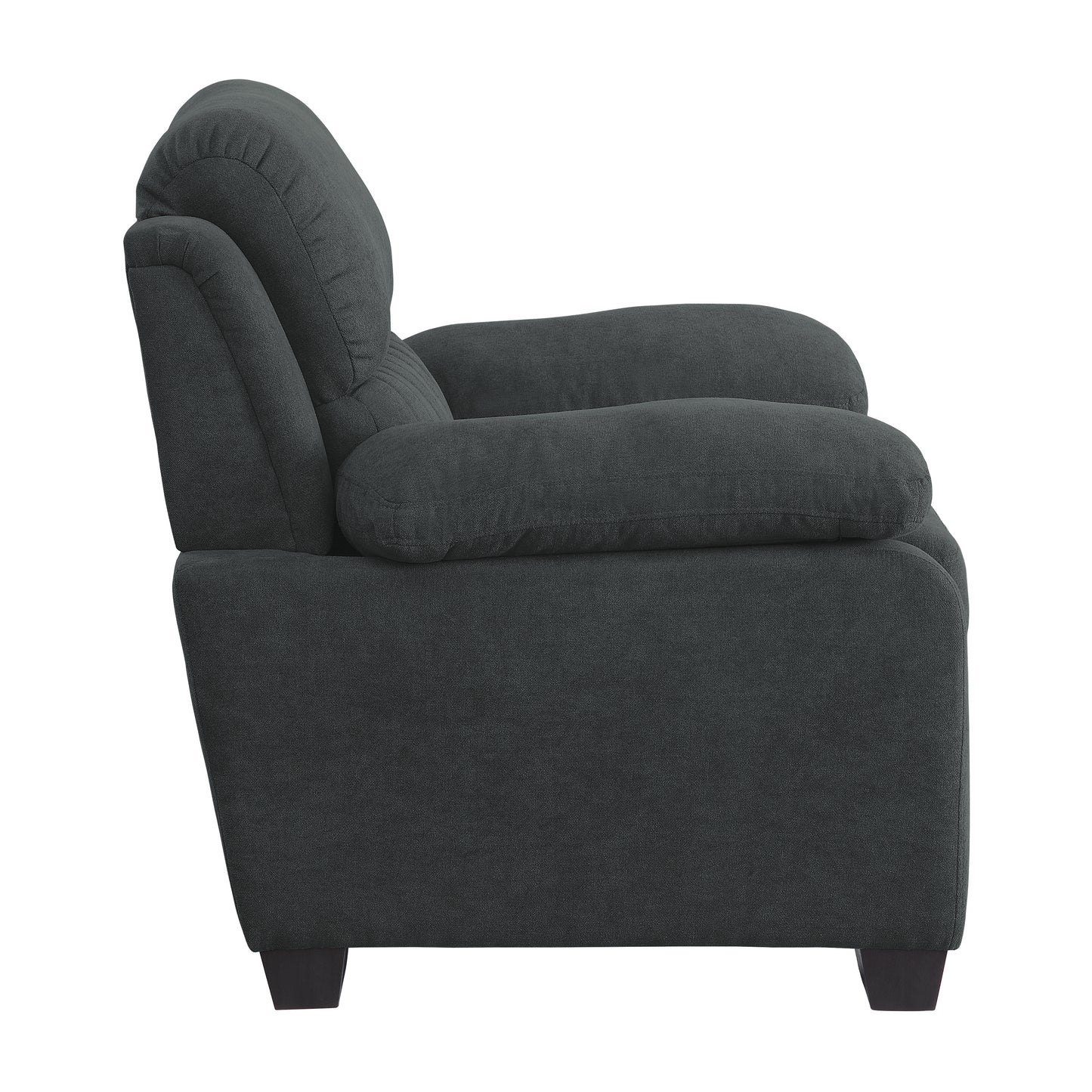 Dark grey fabric armchair with plush cushioning and squared arms