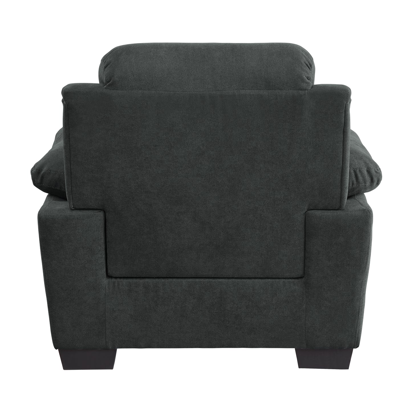 Rear view of a plush charcoal fabric armchair with a slightly textured weave and square arms