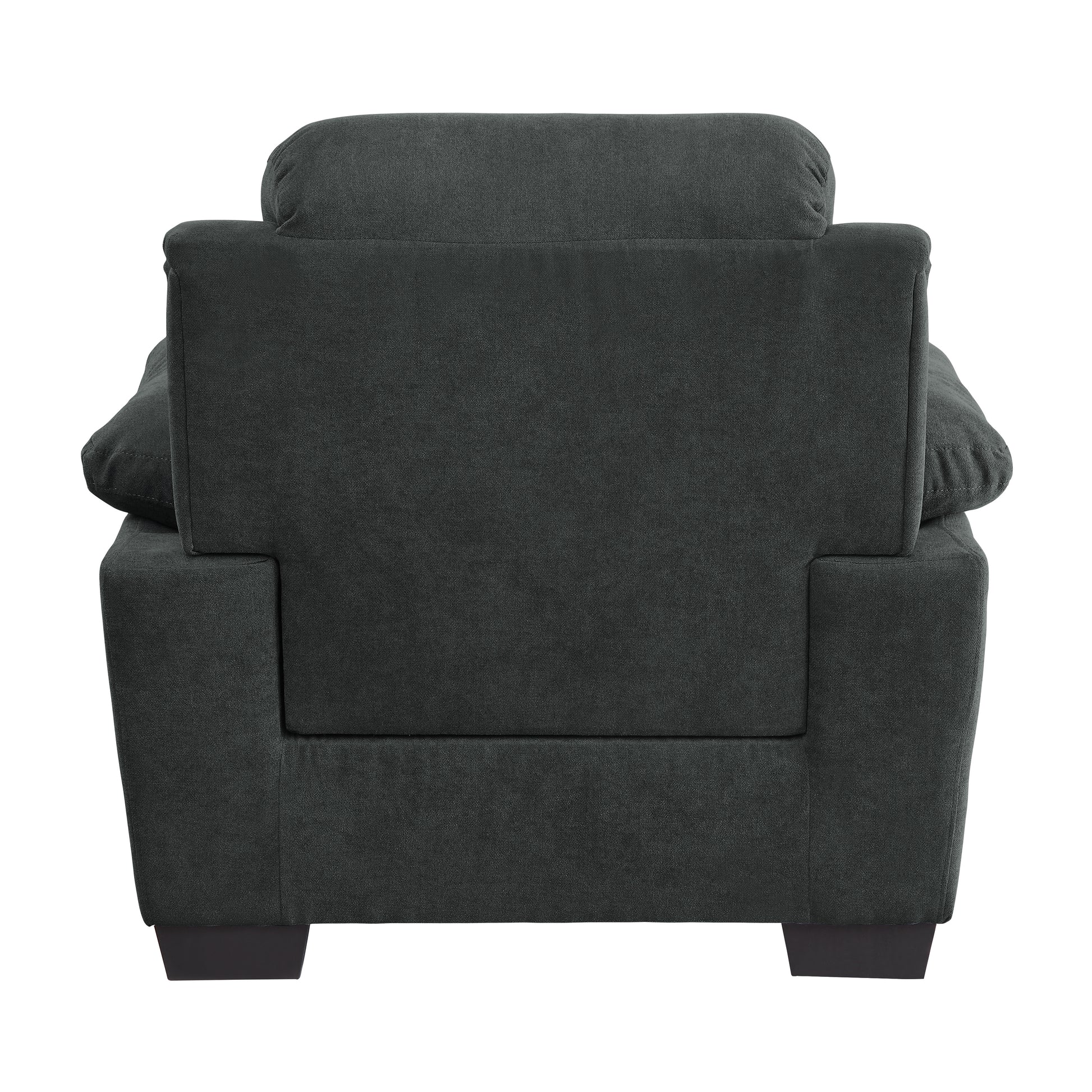 Rear view of a plush charcoal fabric armchair with a slightly textured weave and square arms