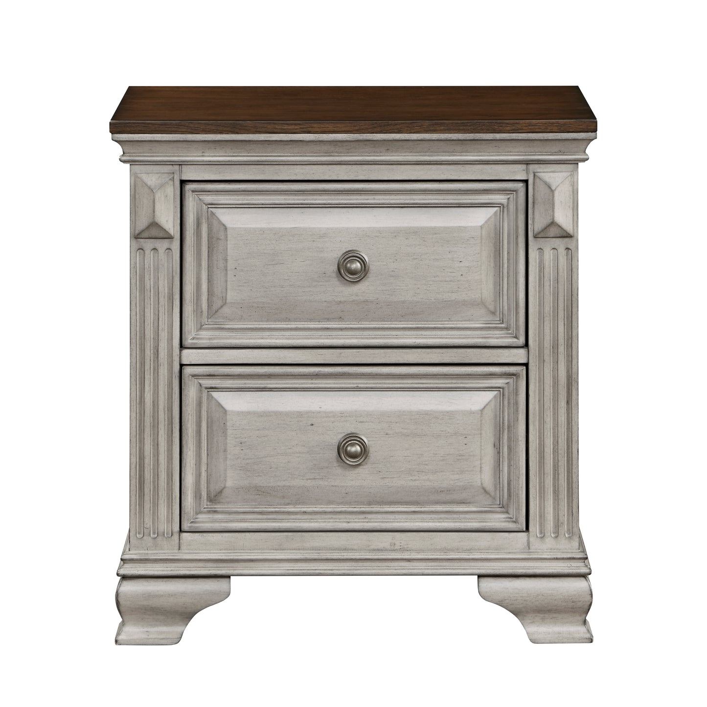 Distressed antique white nightstand with two drawers and a dark wood top
