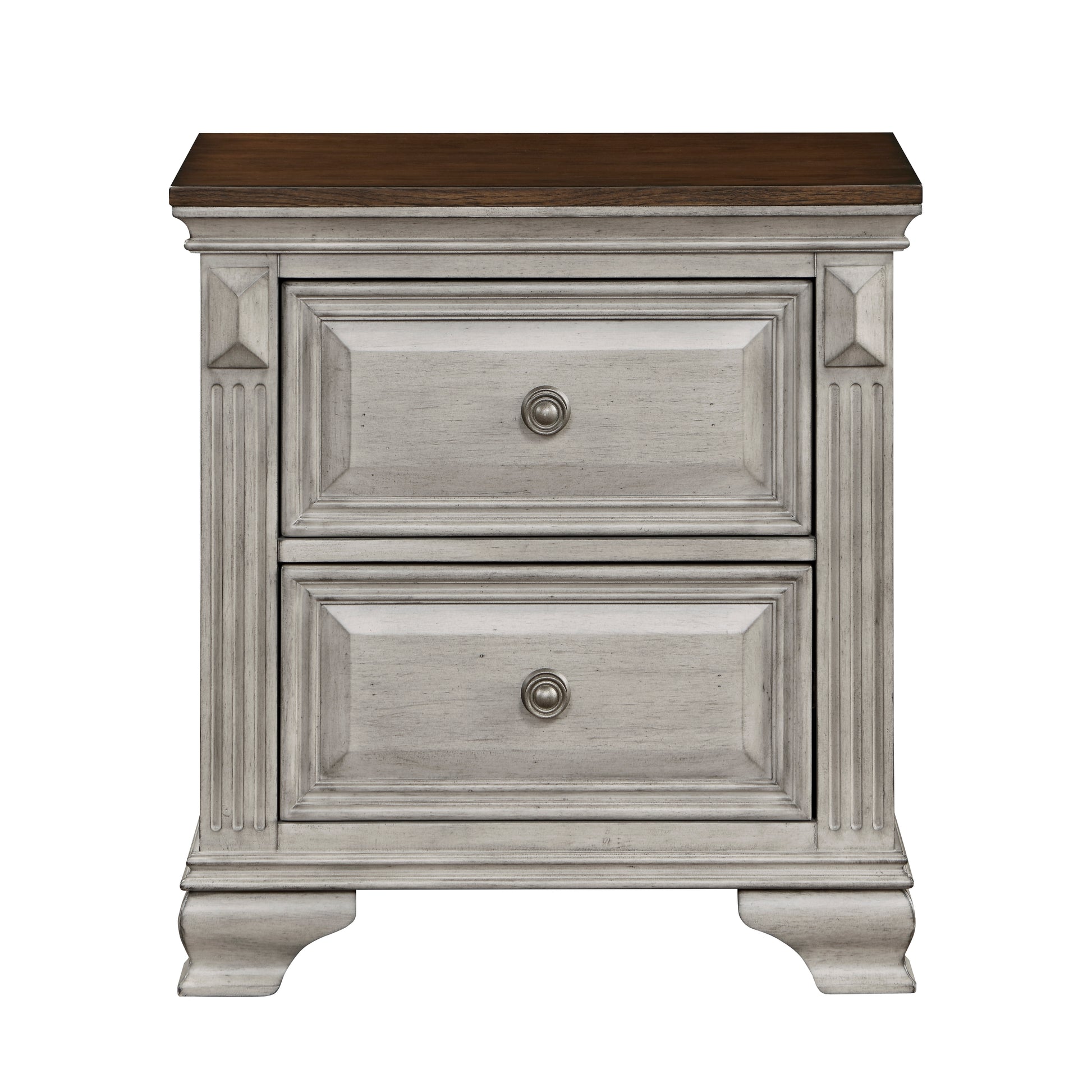 Distressed antique white nightstand with two drawers and a dark wood top
