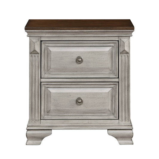 Distressed antique white nightstand with two drawers and a dark wood top