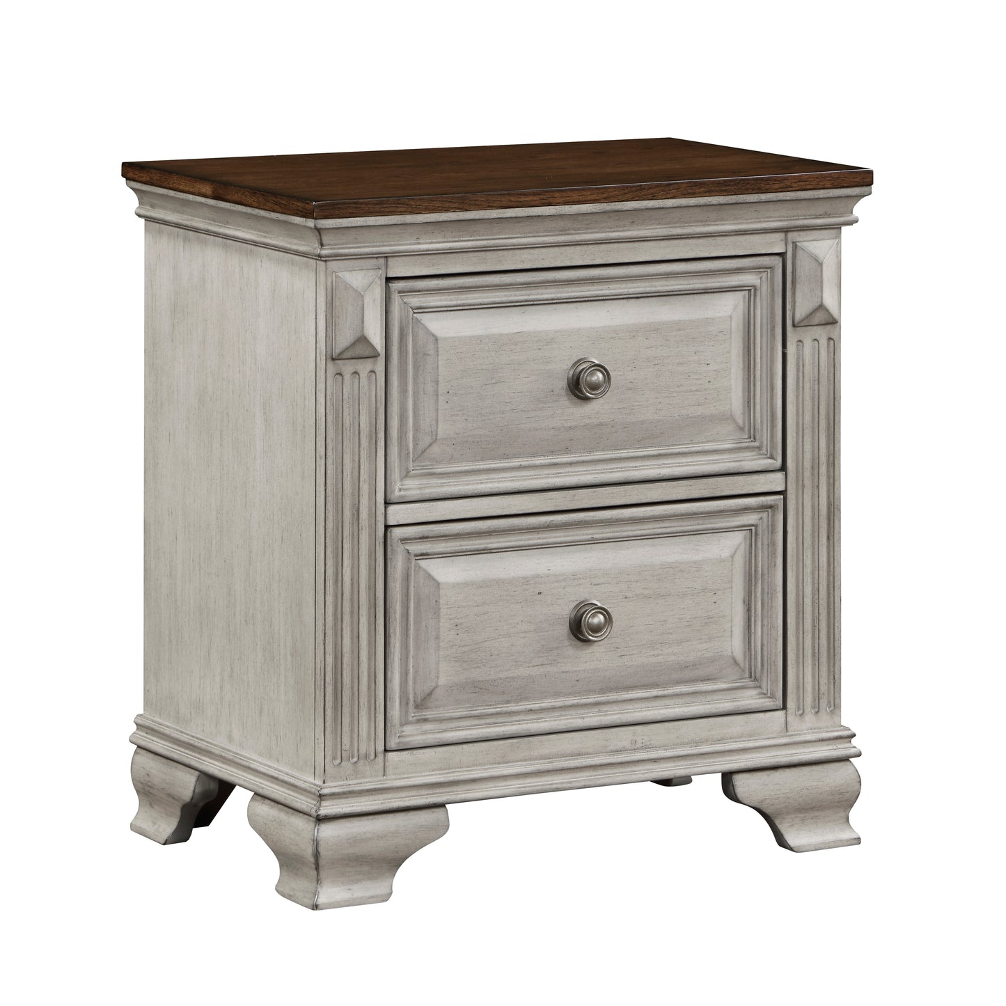 Twodrawer distressed white nightstand with dark wood top and ornate knobs