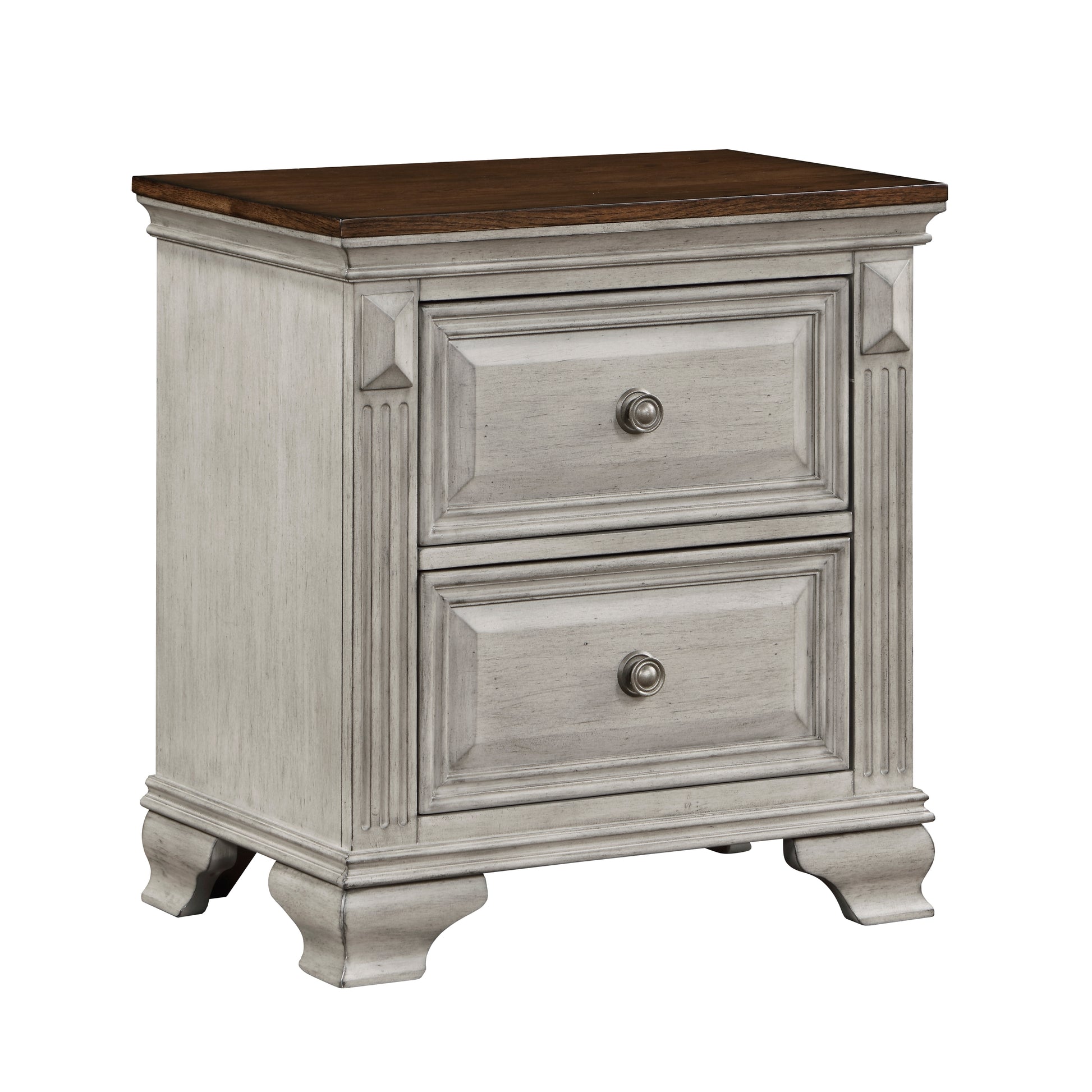 Twodrawer distressed white nightstand with dark wood top and ornate knobs