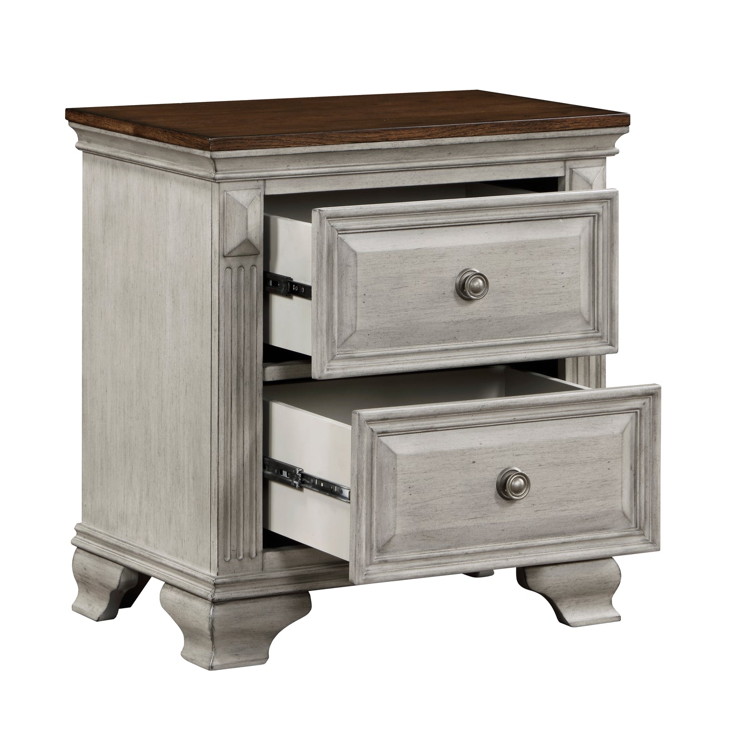 Antique white dresser with two drawers and a dark wood top