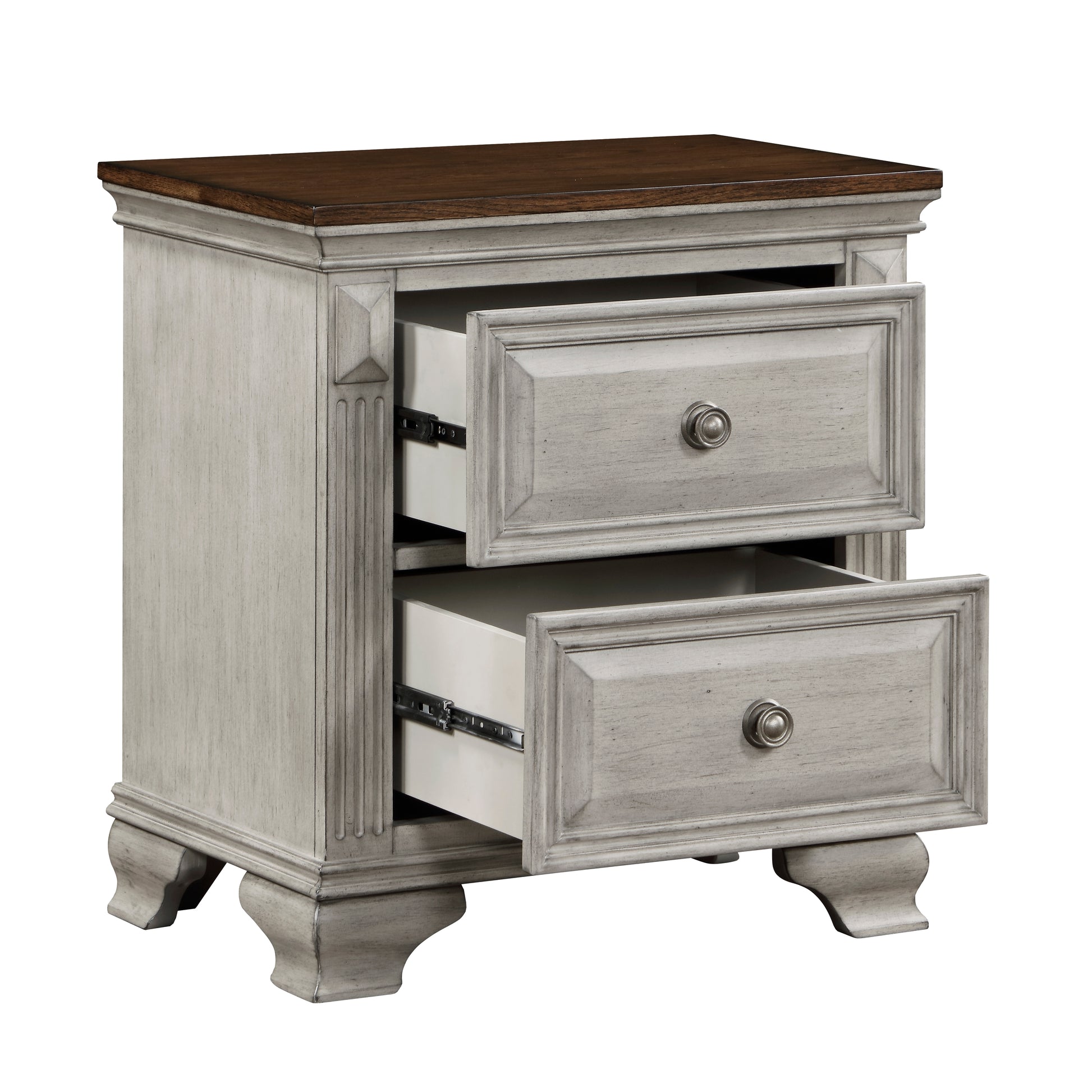 Antique white dresser with two drawers and a dark wood top