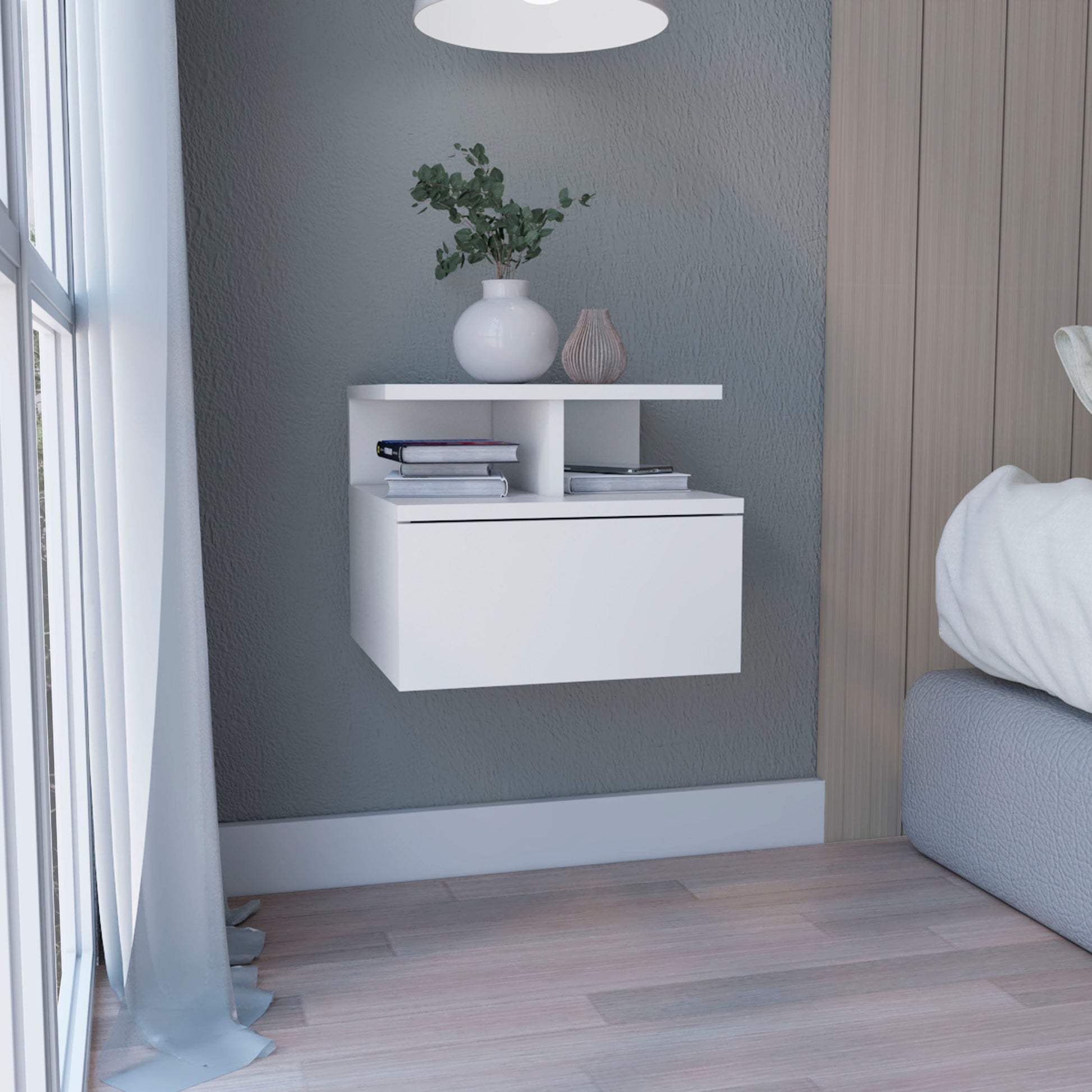 Modern white wallmounted nightstand with drawer and open shelves