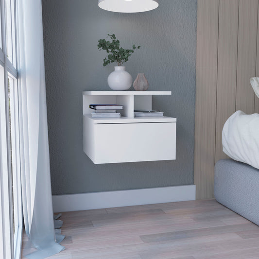 Modern white wallmounted nightstand with drawer and open shelves