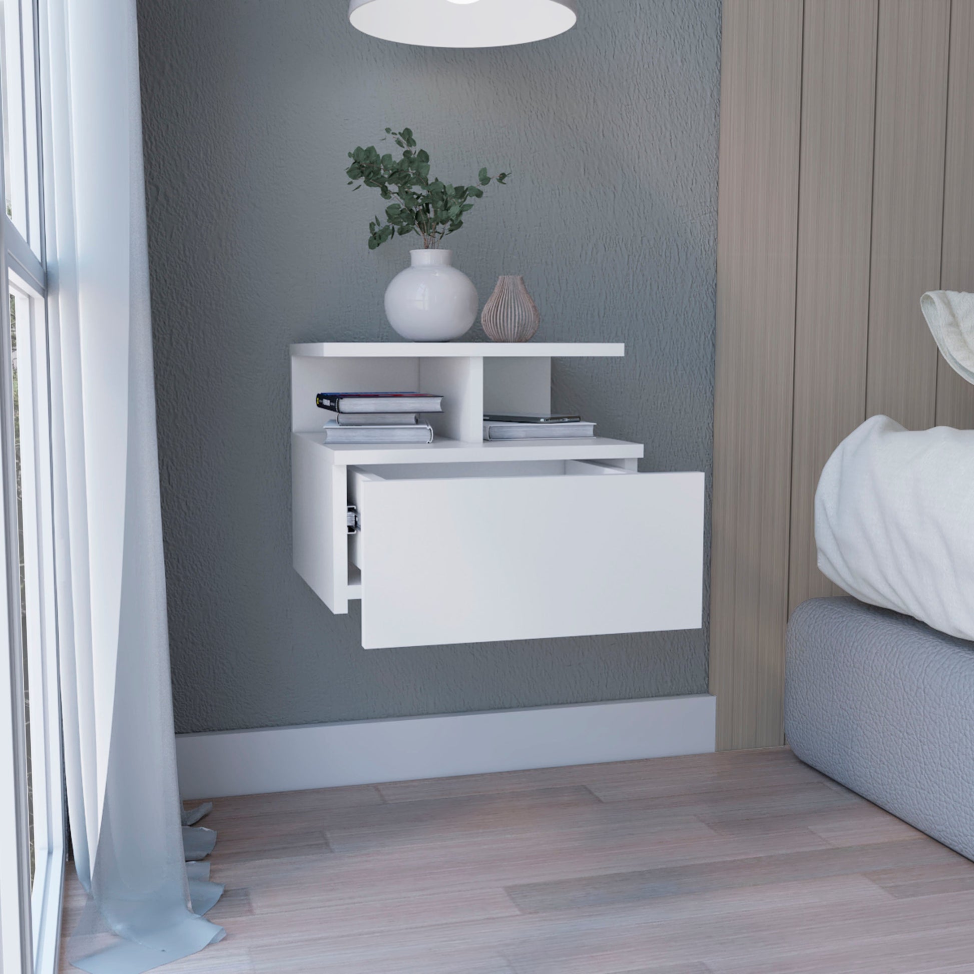 Modern white floating nightstand with open shelf and drawer