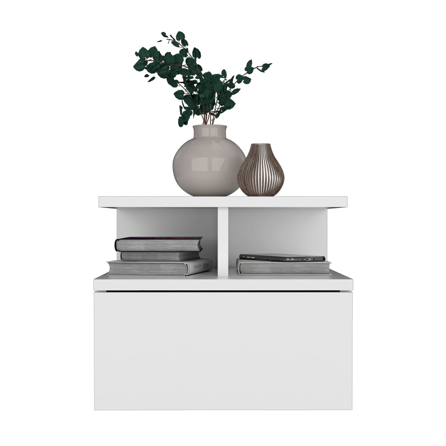 Modern white floating nightstand with two open shelves and a drawer