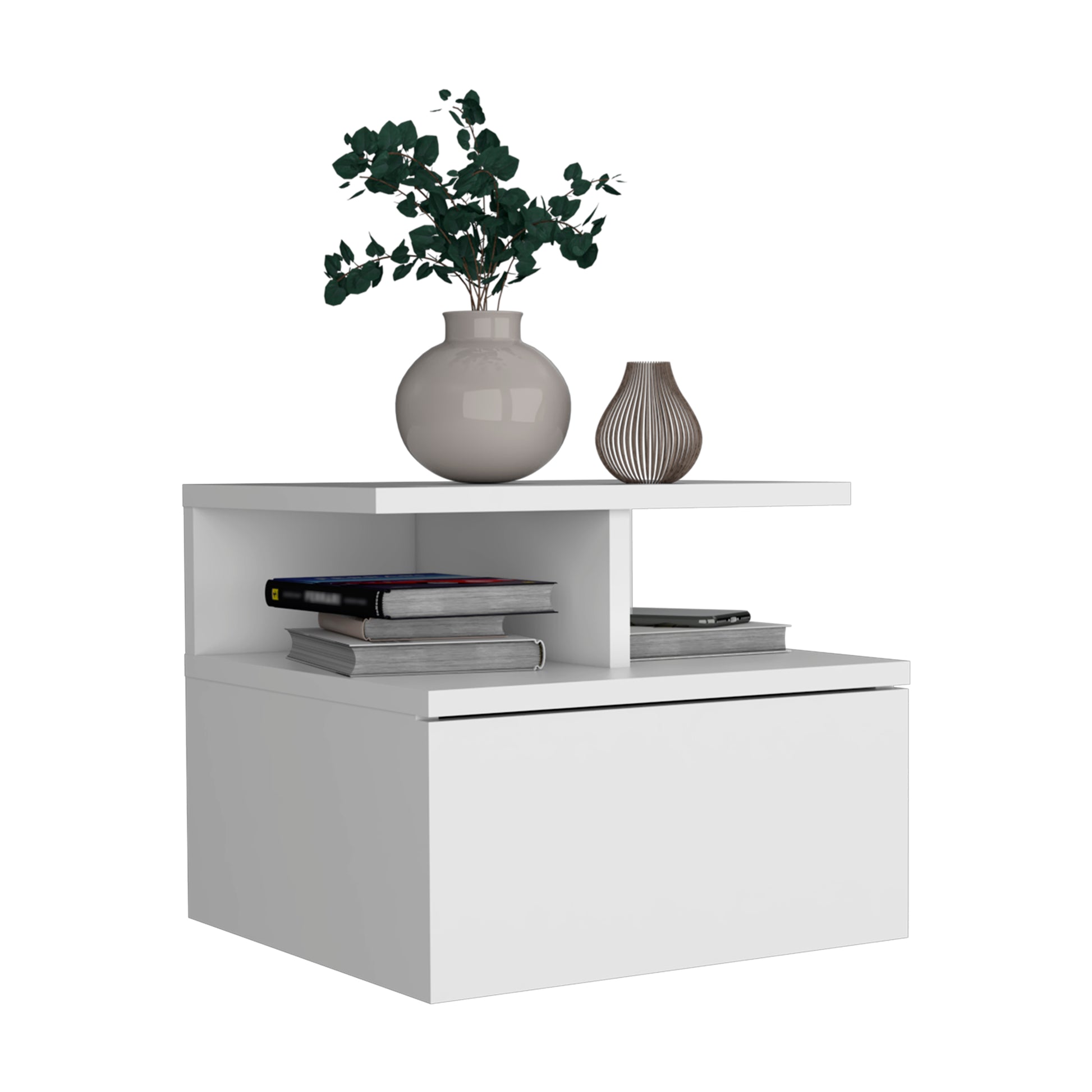 Modern white floating nightstand with drawer