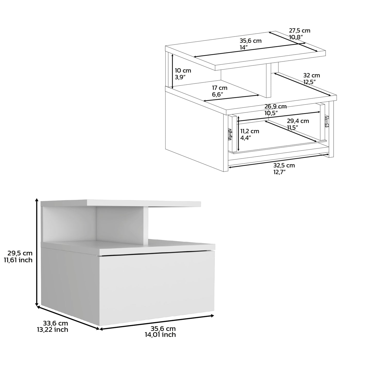White bedside table with drawer and open shelf cm wide