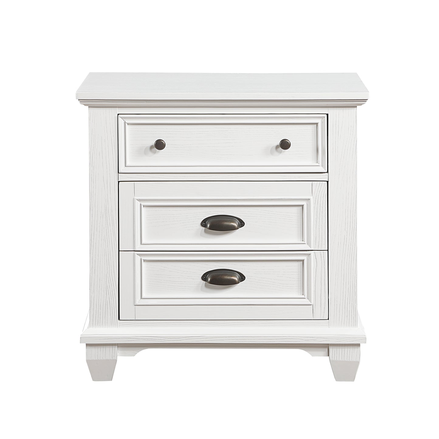Classic white bedside table with three drawers and antique bronze hardware