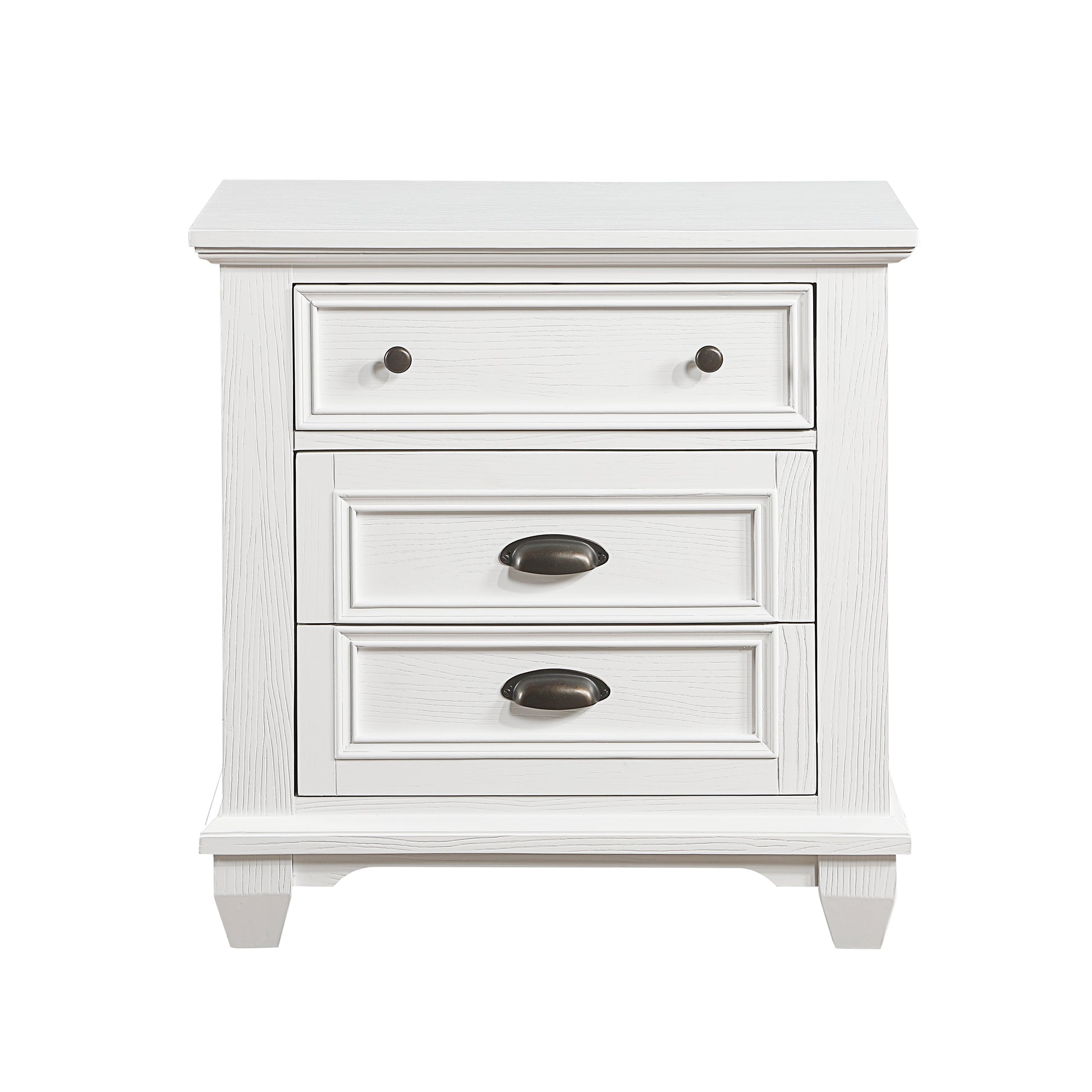 Classic white bedside table with three drawers and antique bronze hardware