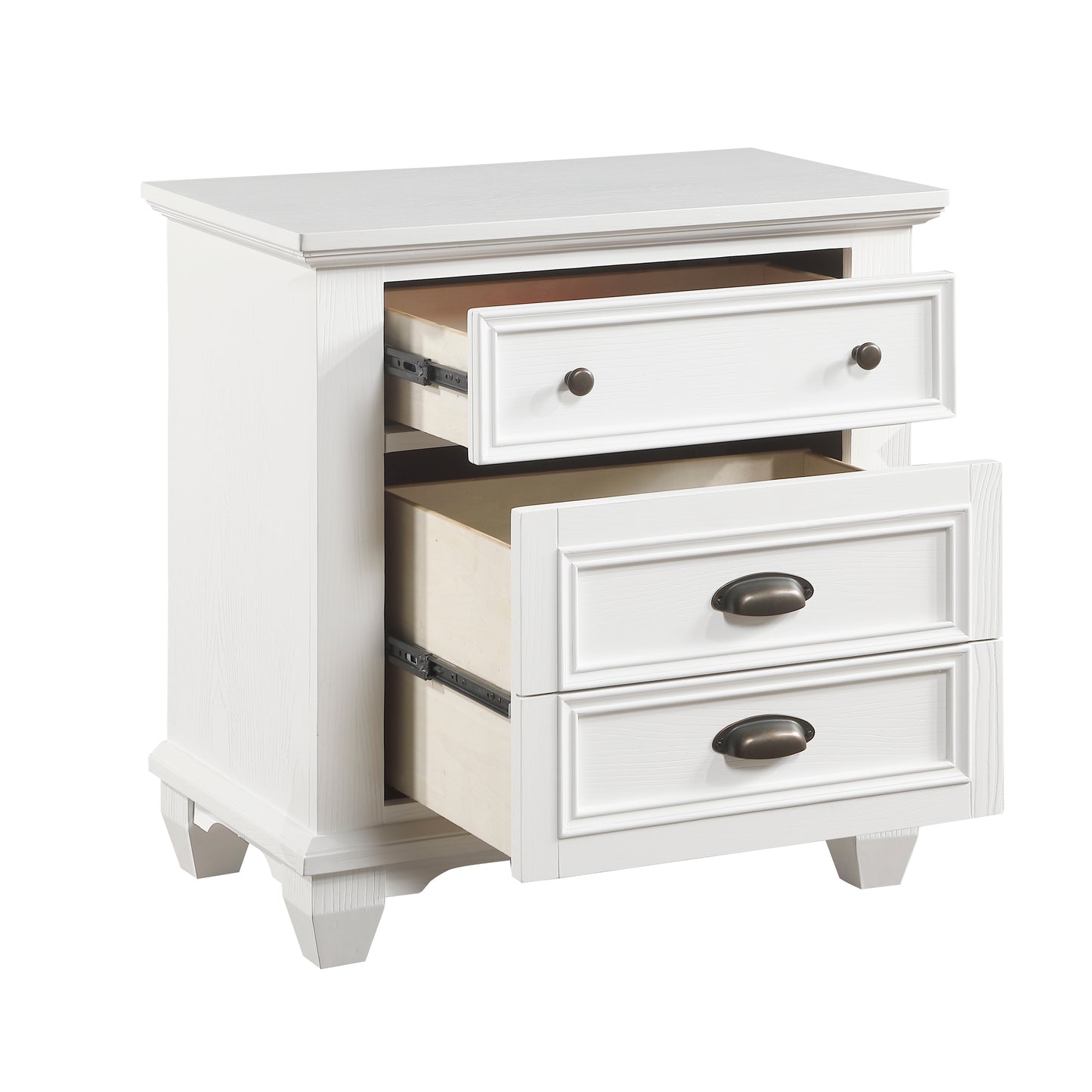 White wood bedside table with two drawers and antique brass hardware