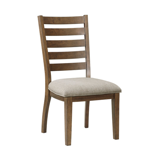 Wooden dining chair with horizontal slats back and upholstered beige seat