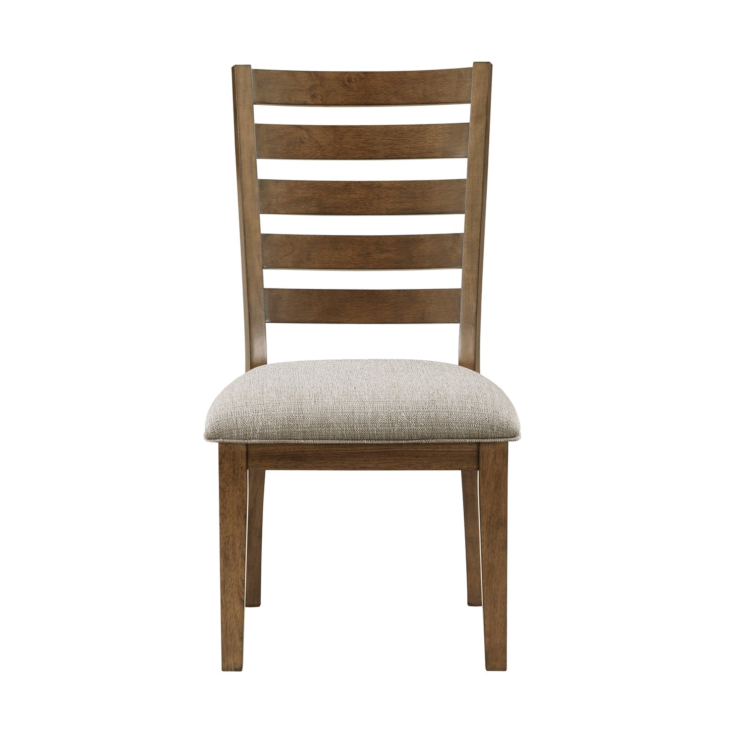Brown wooden dining chair with slatted back and upholstered seat