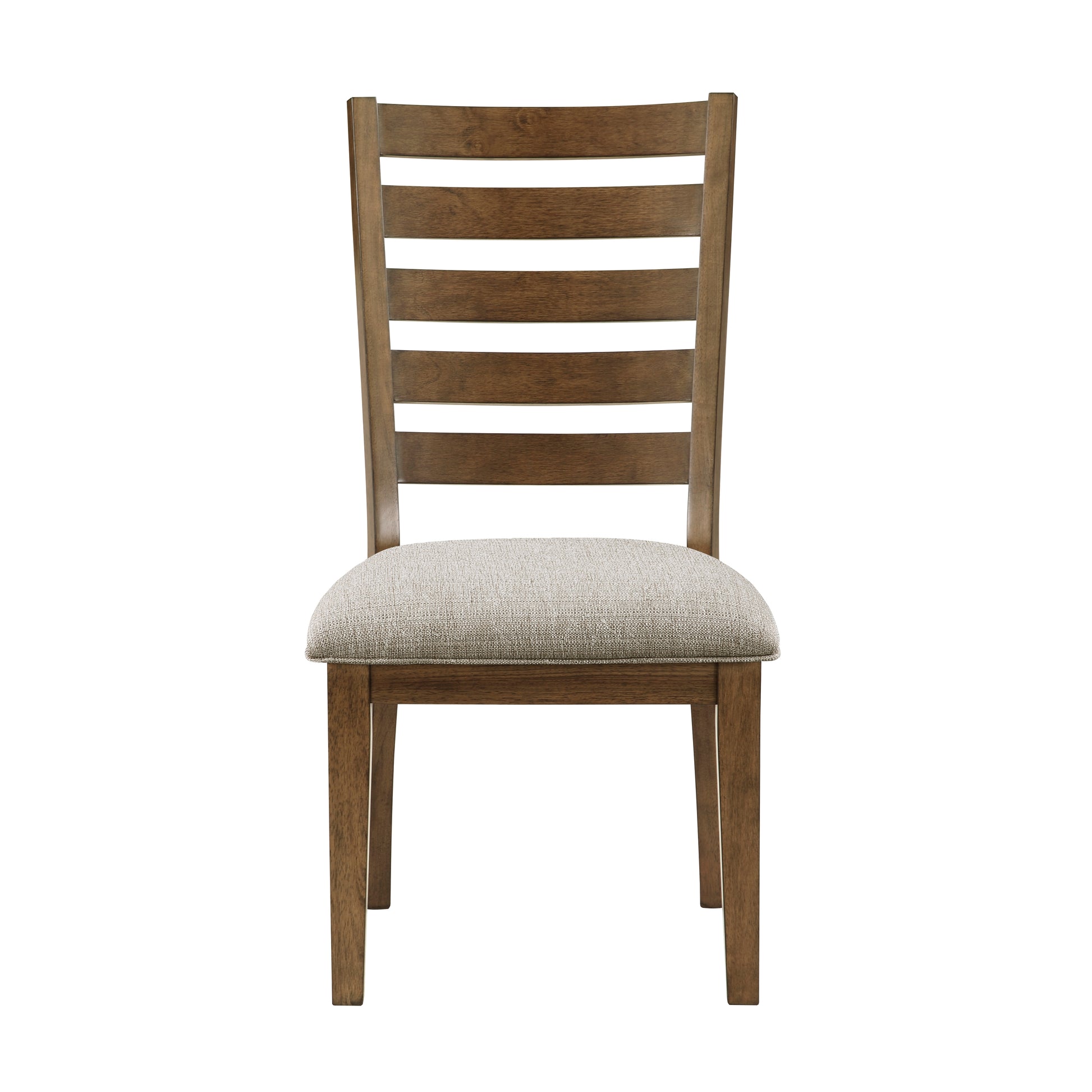 Brown wooden dining chair with slatted back and upholstered seat