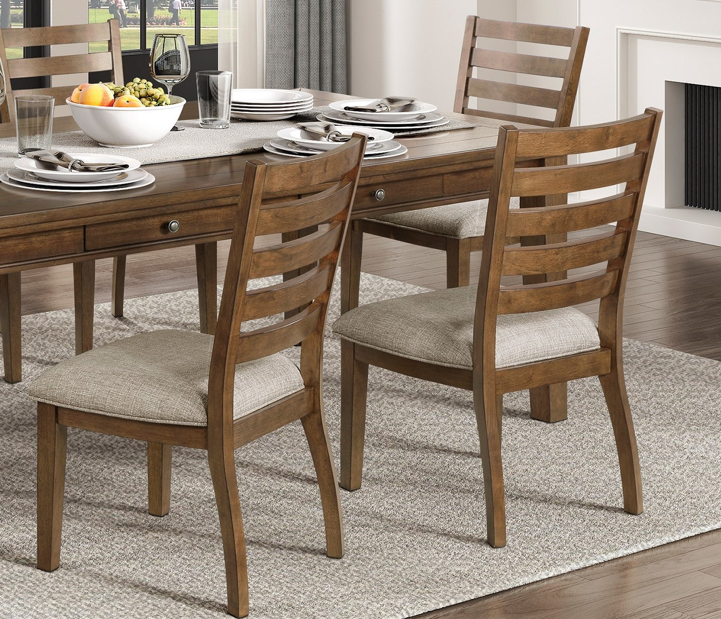 Wooden ladder back dining chairs with upholstered seats