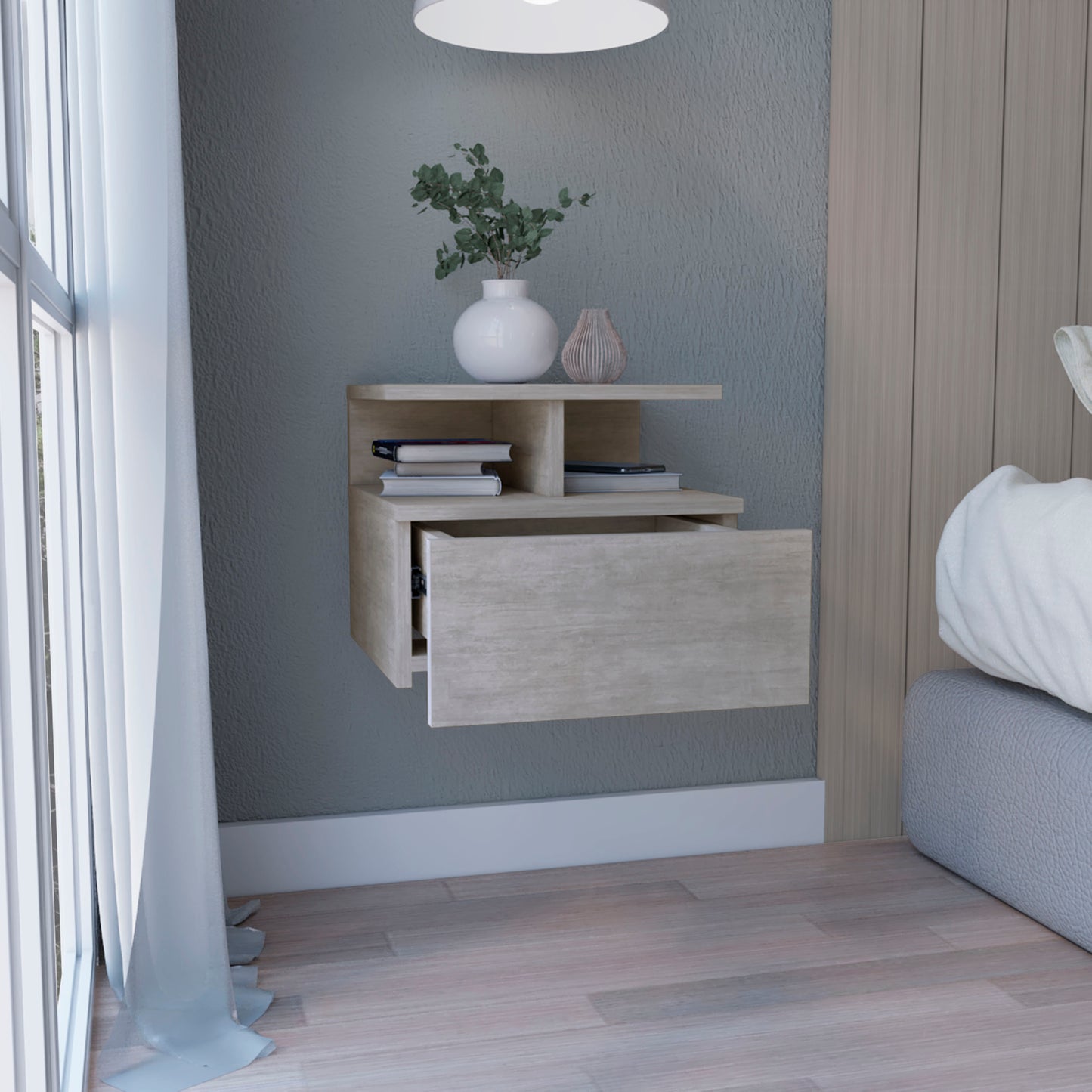 Light wood floating nightstand with open shelf and drawer modern bedside storage solution