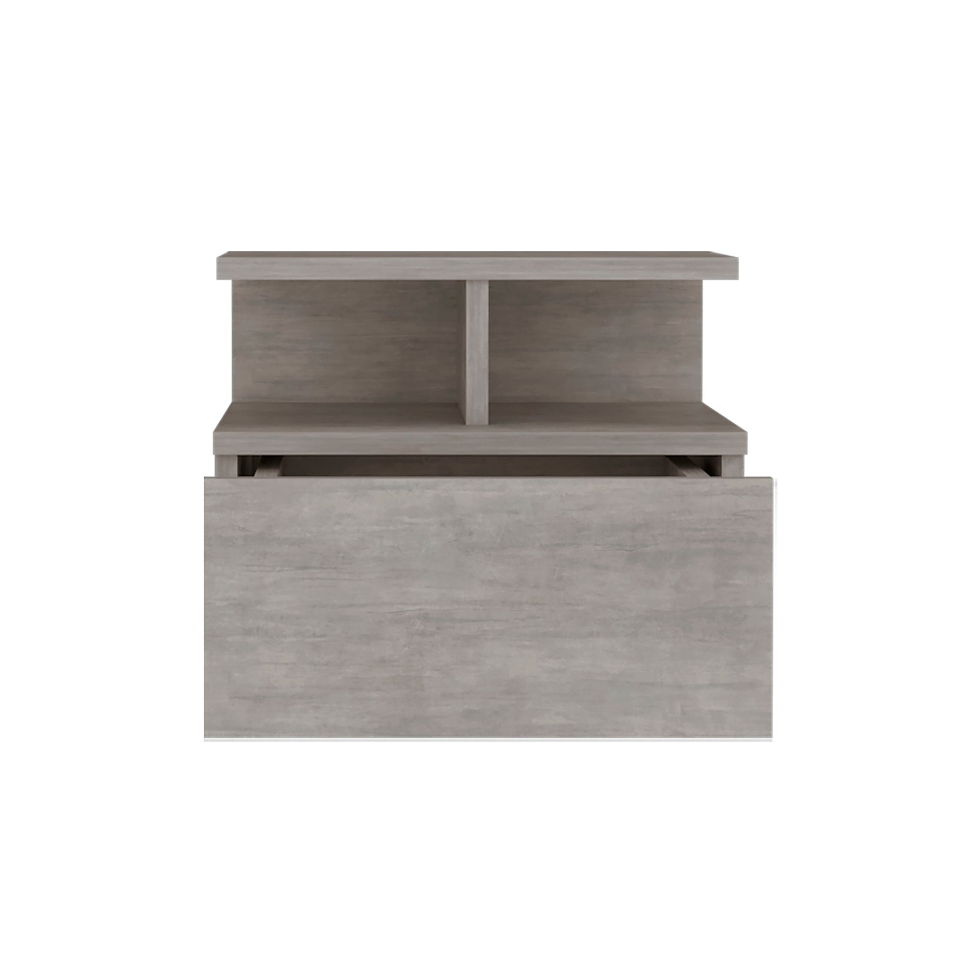 Modern gray wood grain nightstand with two open shelves and one drawer