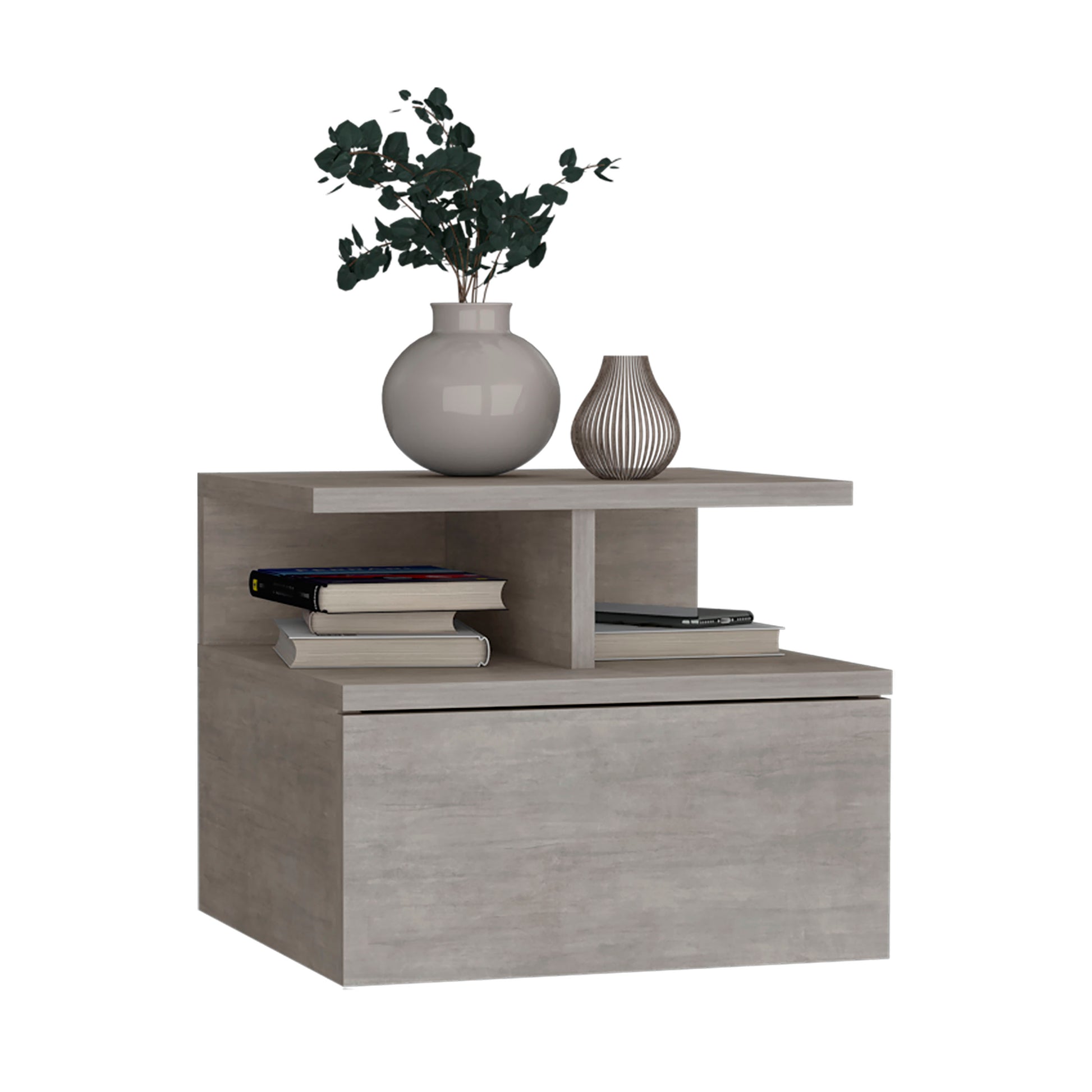 Modern grey concrete effect bedside table with drawer shelf and decorative vases