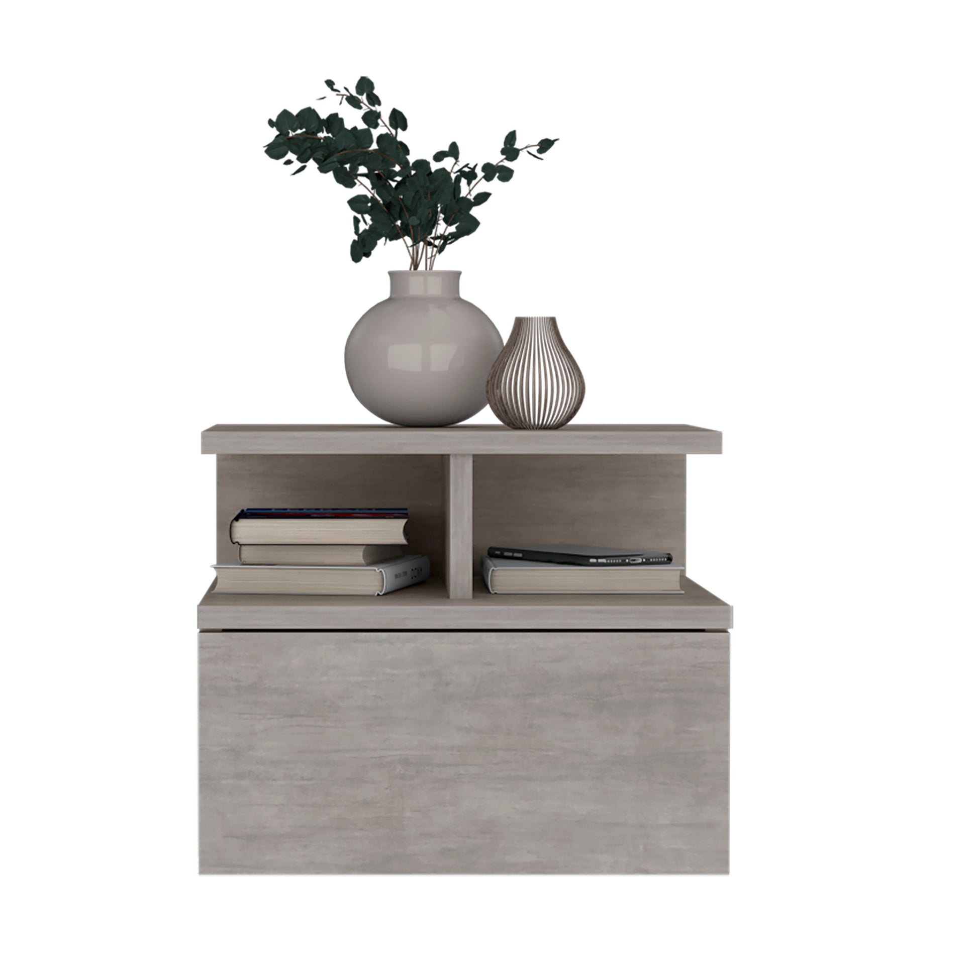 Gray modern nightstand with open shelf and drawer