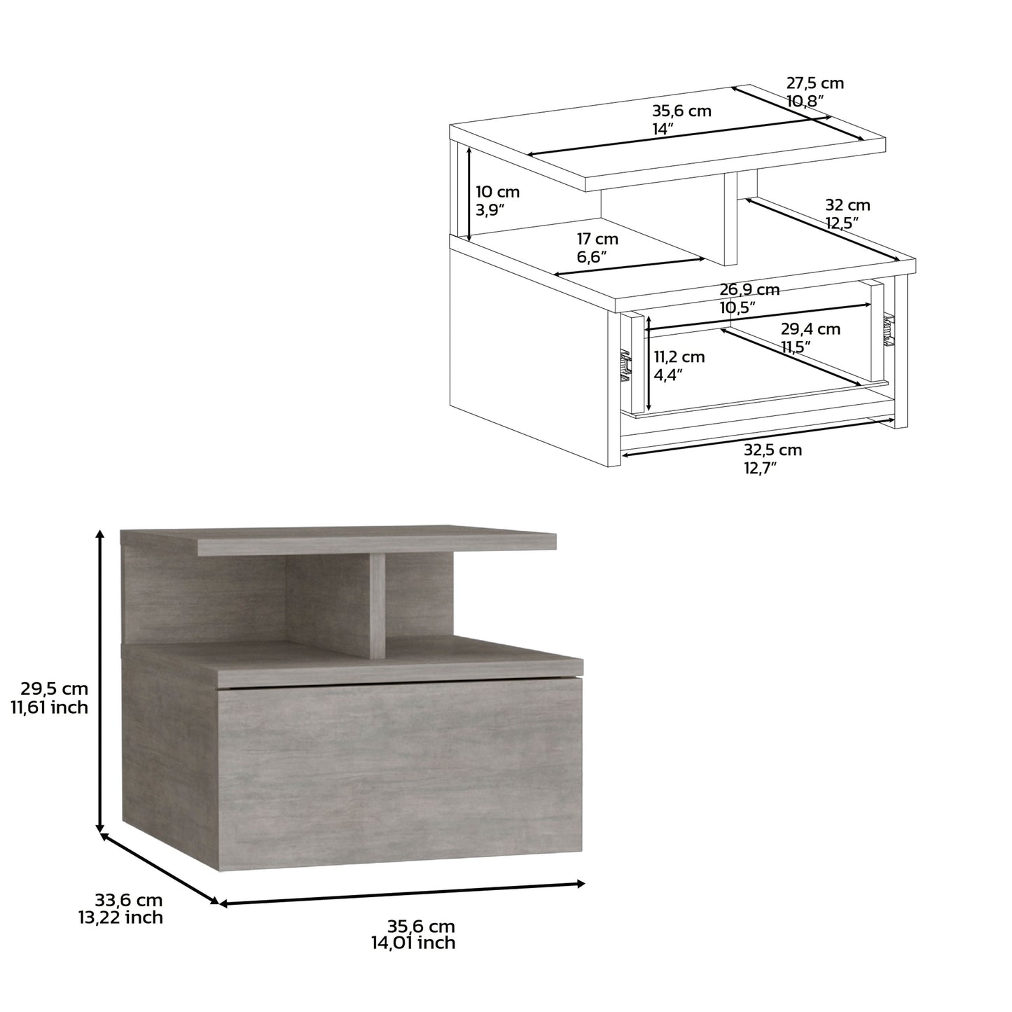 Gray modern nightstand with one drawer and open shelf