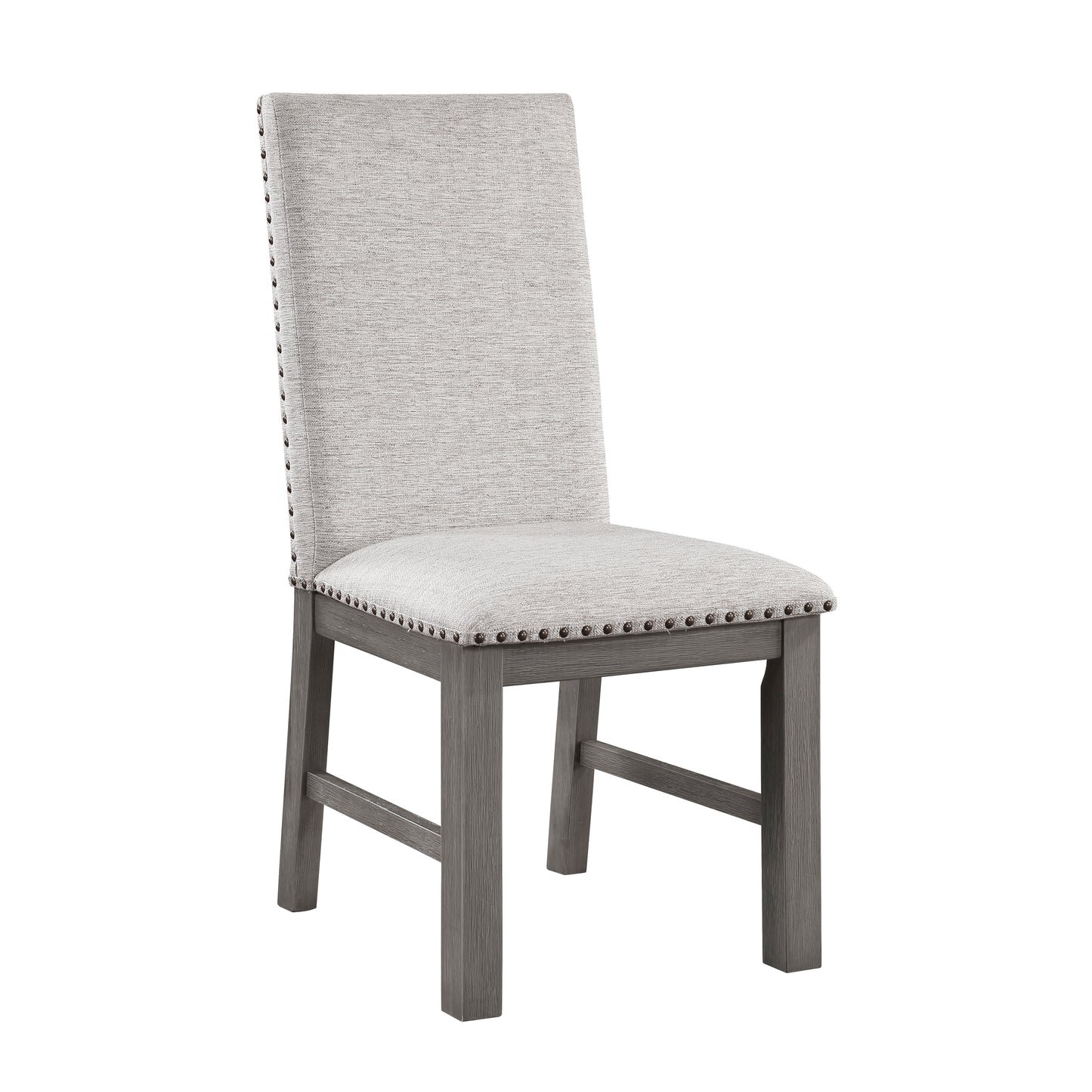 Elegant upholstered dining chair with nailhead trim and a distressed gray wood frame