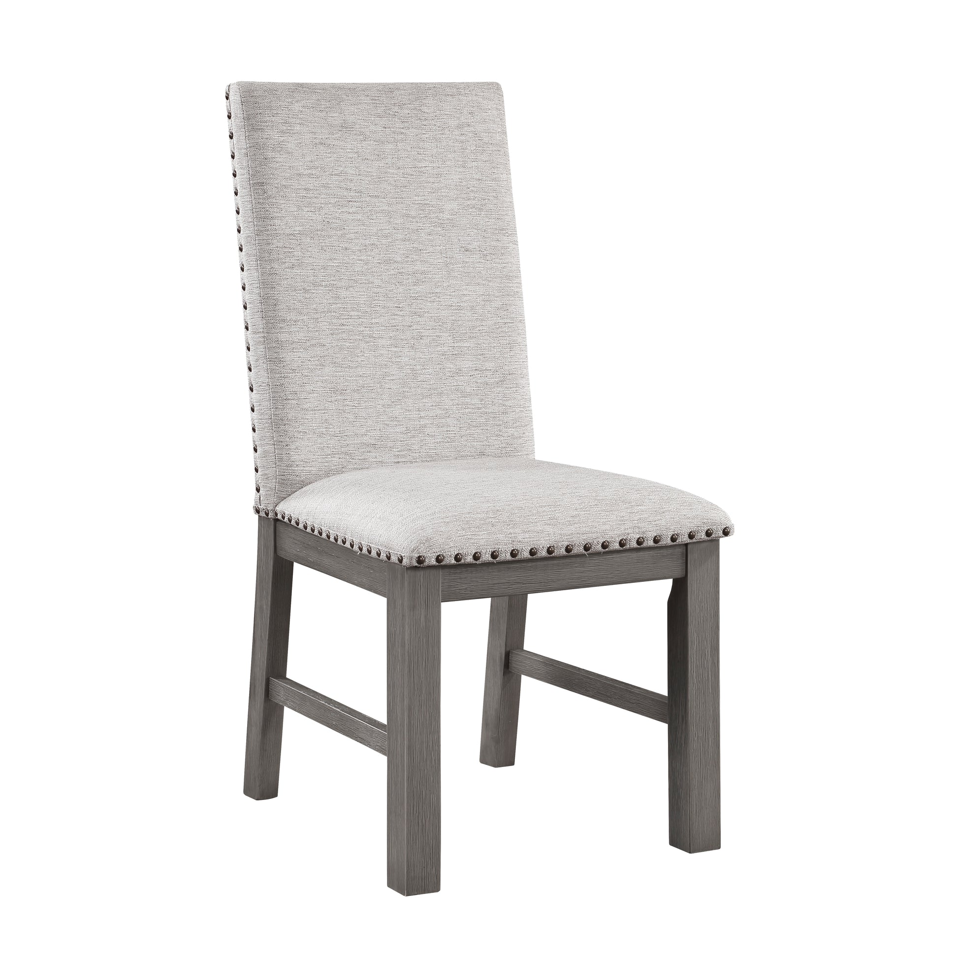 Elegant upholstered dining chair with nailhead trim and a distressed gray wood frame